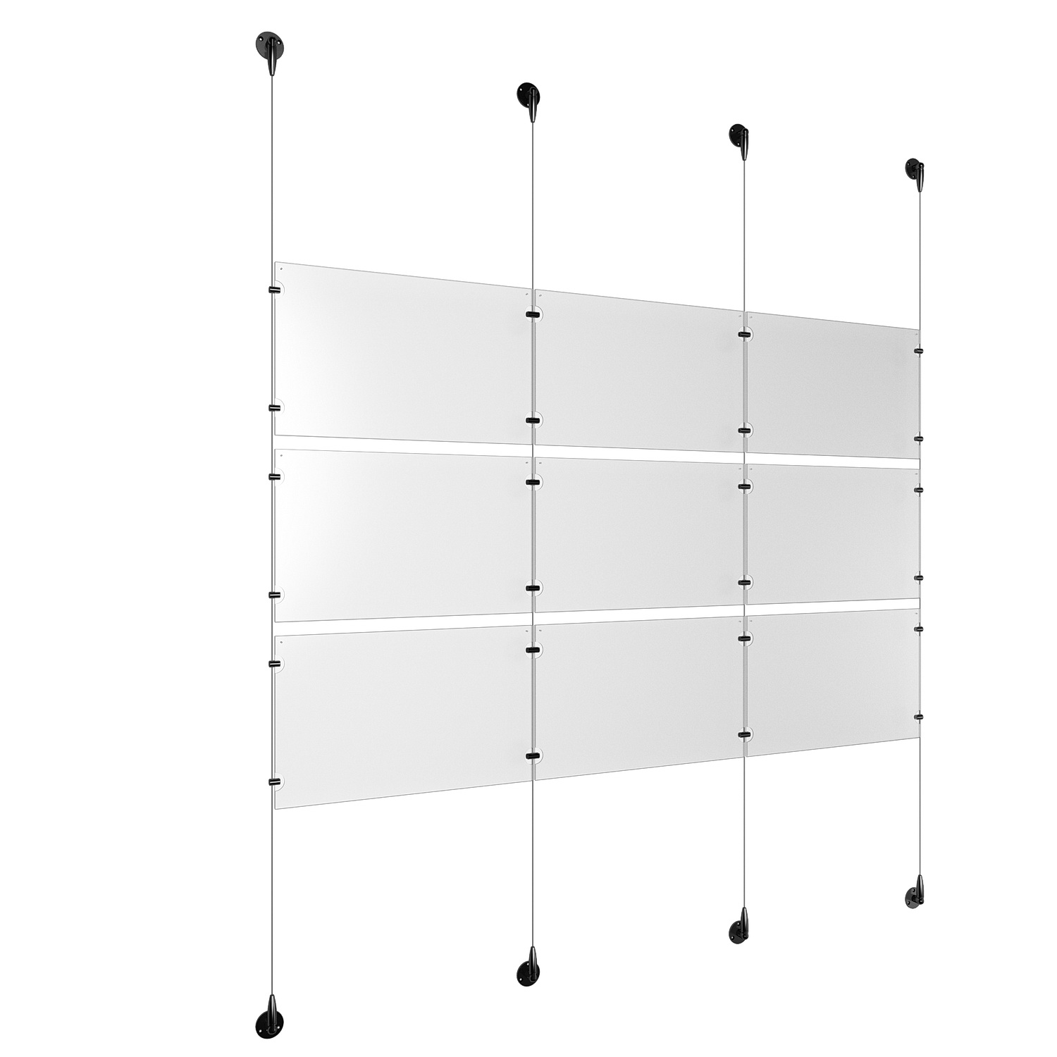 (9) 17'' Width x 11'' Height Clear Acrylic Frame & (4) Aluminum Matte Black Adjustable Angle Signature 1/8'' Diameter Cable Systems with (12) Single-Sided Panel Grippers (12) Double-Sided Panel Grippers