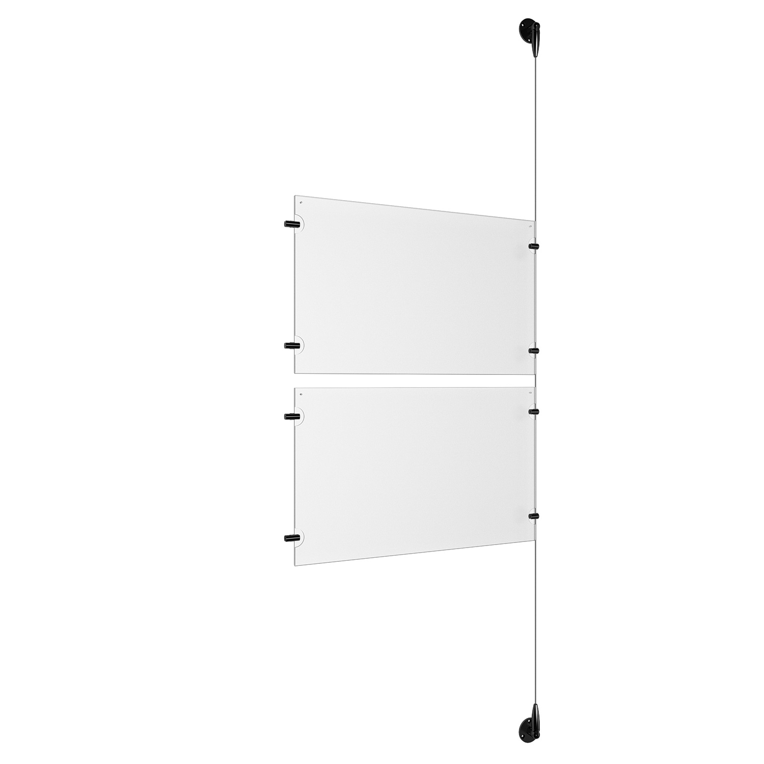 (2) 17'' Width x 11'' Height Clear Acrylic Frame & (1) Aluminum Matte Black Adjustable Angle Signature 1/8'' Diameter Cable Systems with (4) Single-Sided Panel Grippers (4) Double-Sided Panel Grippers