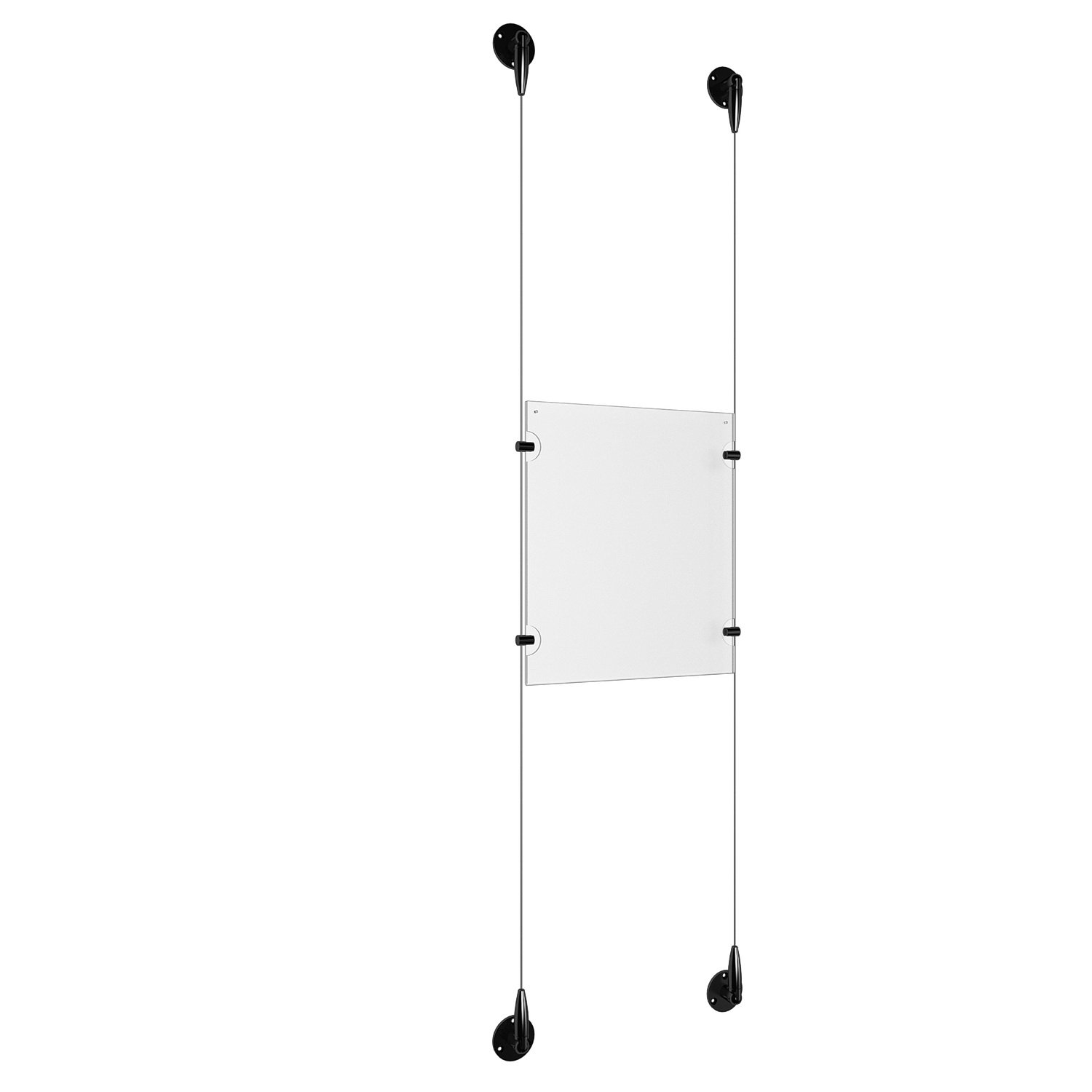 (1) 8-1/2'' Width x 11'' Height Clear Acrylic Frame & (2) Aluminum Matte Black Adjustable Angle Signature 1/8'' Diameter Cable Systems with (4) Single-Sided Panel Grippers