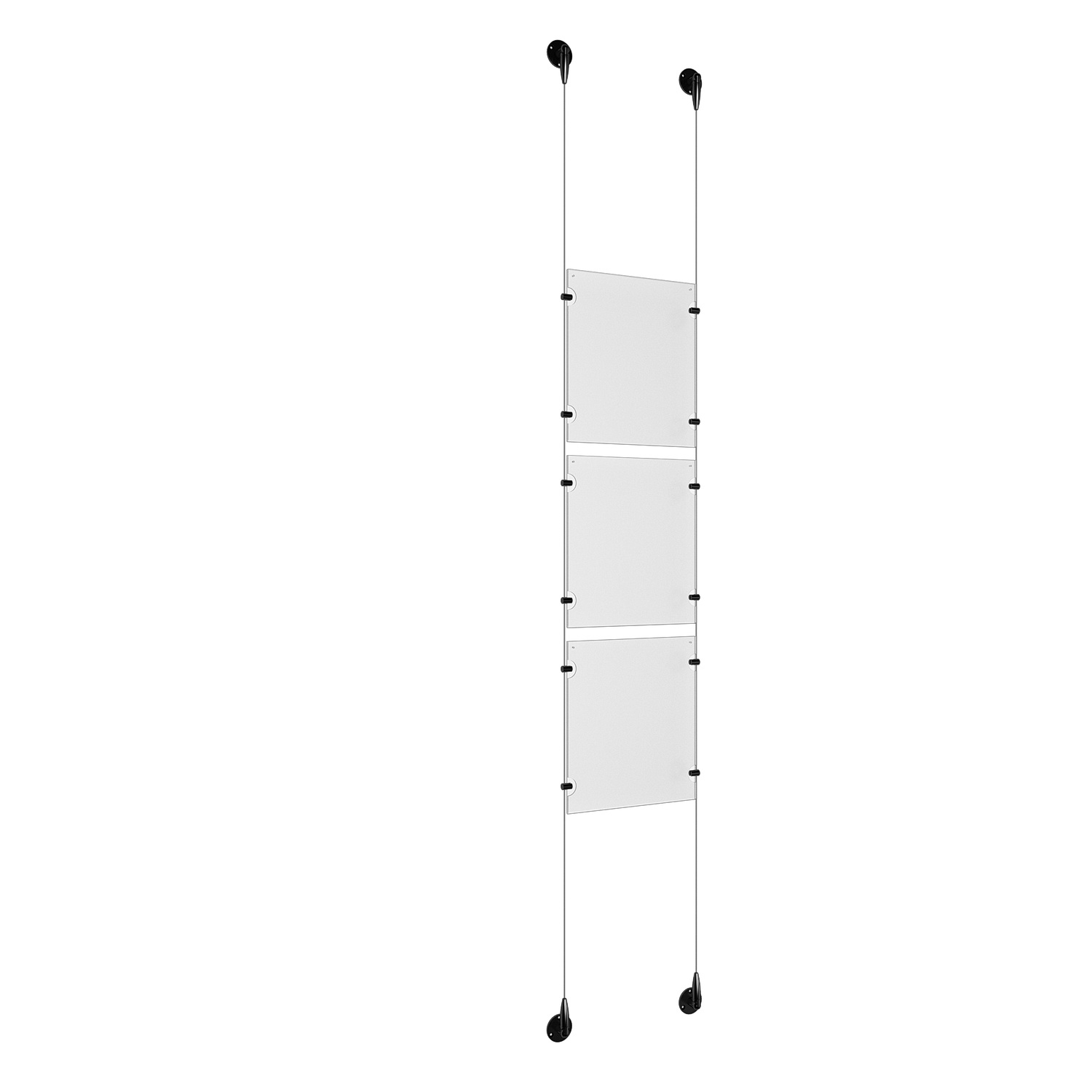 (3) 8-1/2'' Width x 11'' Height Clear Acrylic Frame & (2) Aluminum Matte Black Adjustable Angle Signature 1/8'' Diameter Cable Systems with (12) Single-Sided Panel Grippers