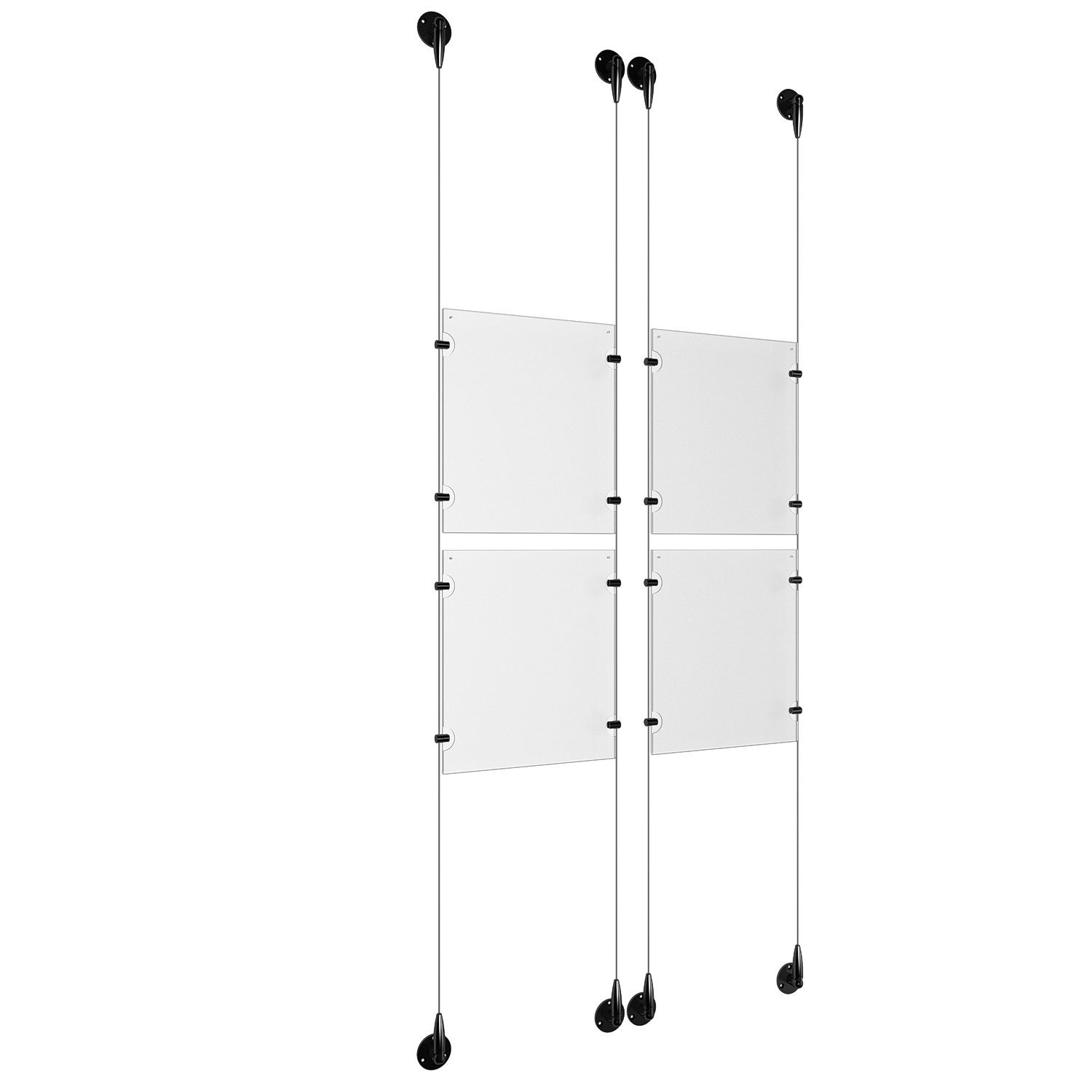 (4) 8-1/2'' Width x 11'' Height Clear Acrylic Frame & (4) Aluminum Matte Black Adjustable Angle Signature 1/8'' Diameter Cable Systems with (16) Single-Sided Panel Grippers