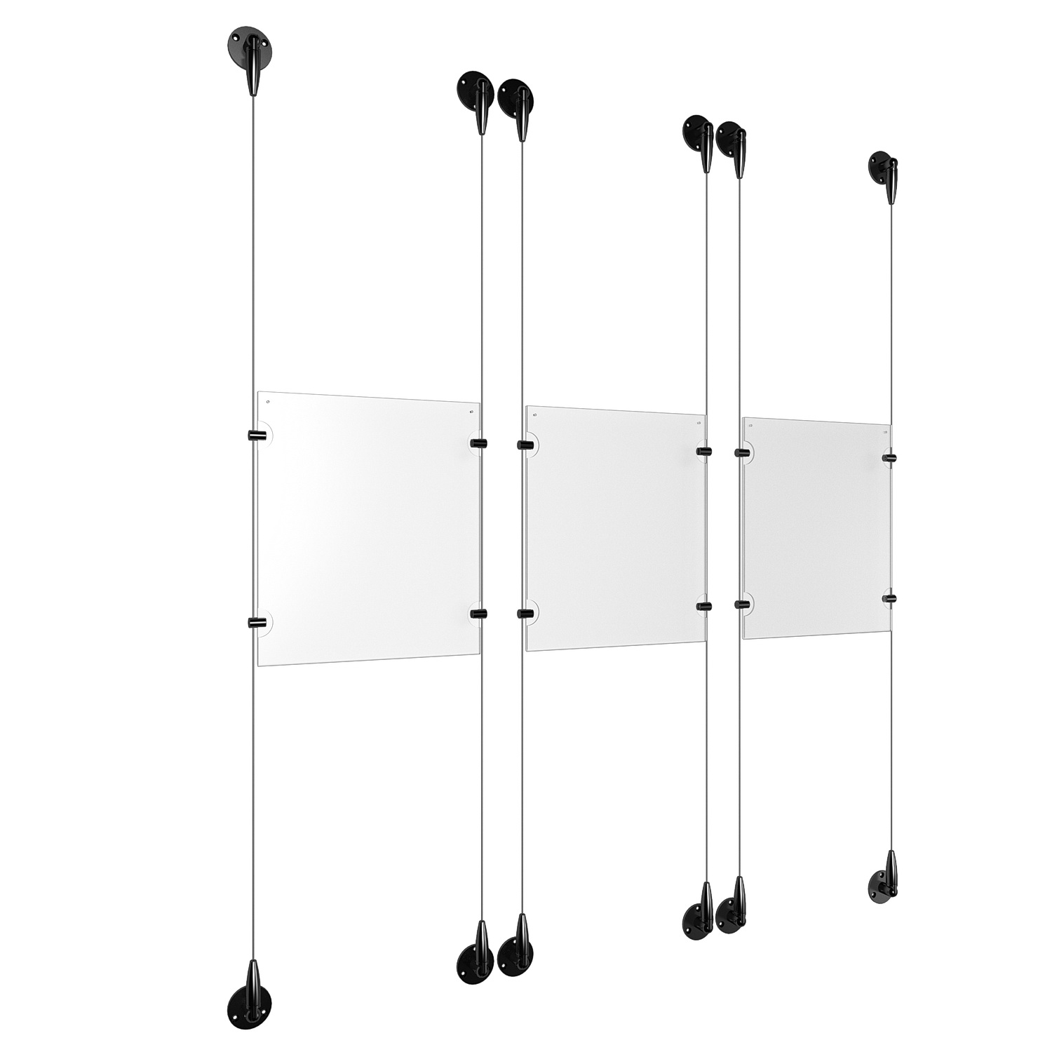 (3) 8-1/2'' Width x 11'' Height Clear Acrylic Frame & (6) Aluminum Matte Black Adjustable Angle Signature 1/8'' Diameter Cable Systems with (12) Single-Sided Panel Grippers