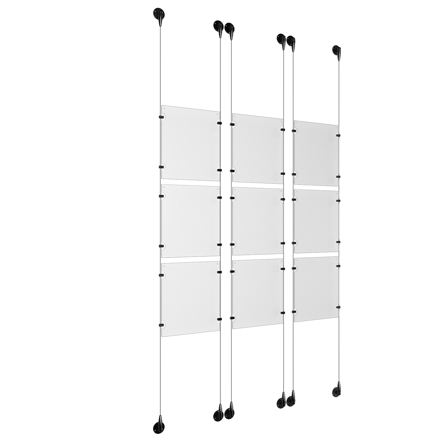 (9) 8-1/2'' Width x 11'' Height Clear Acrylic Frame & (6) Aluminum Matte Black Adjustable Angle Signature 1/8'' Diameter Cable Systems with (36) Single-Sided Panel Grippers