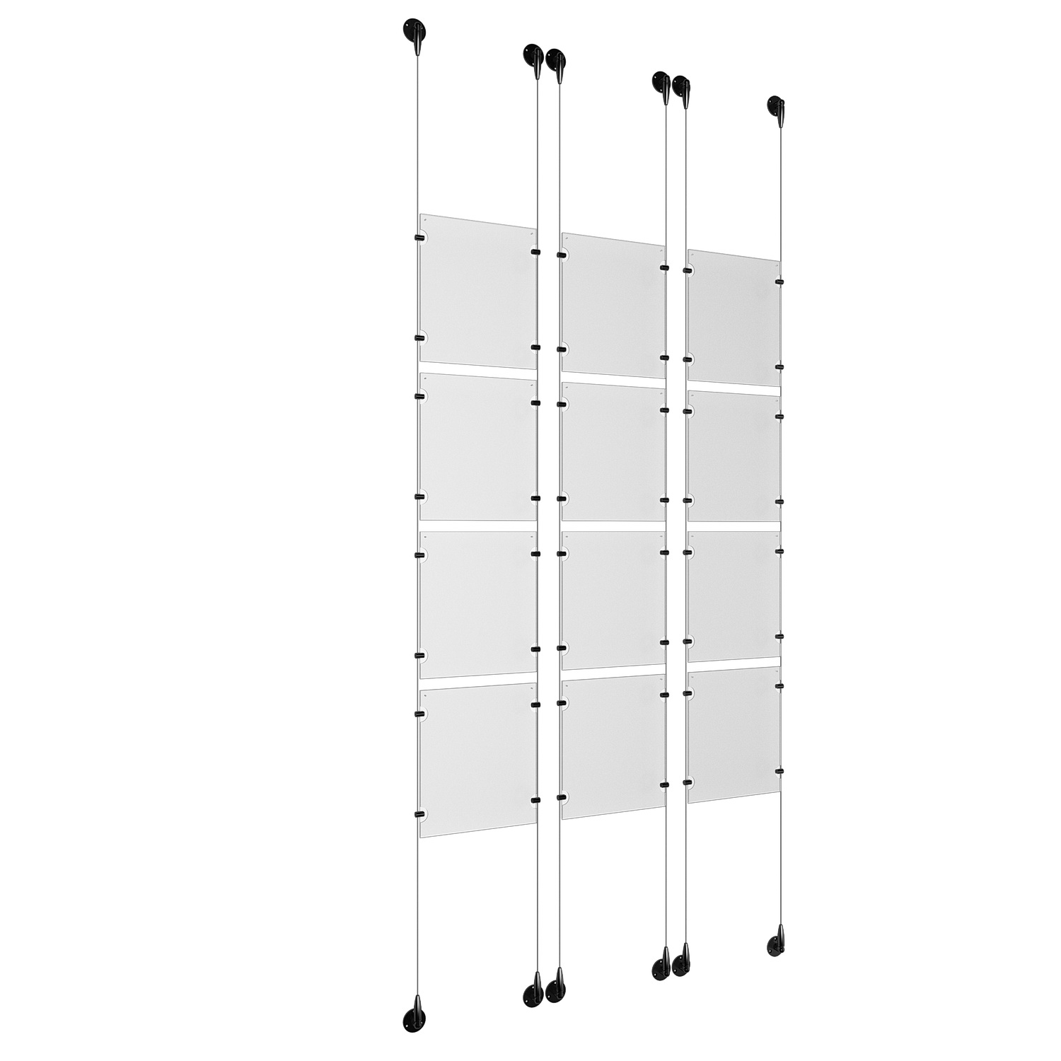 (12) 8-1/2'' Width x 11'' Height Clear Acrylic Frame & (6) Aluminum Matte Black Adjustable Angle Signature 1/8'' Diameter Cable Systems with (48) Single-Sided Panel Grippers