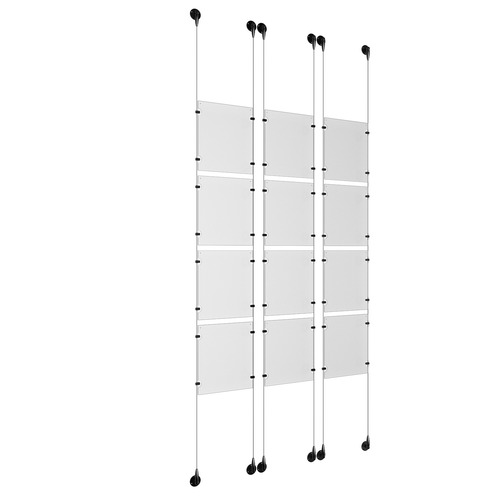 (12) 8-1/2'' Width x 11'' Height Clear Acrylic Frame & (6) Aluminum Matte Black Adjustable Angle Signature 1/8'' Diameter Cable Systems with (48) Single-Sided Panel Grippers