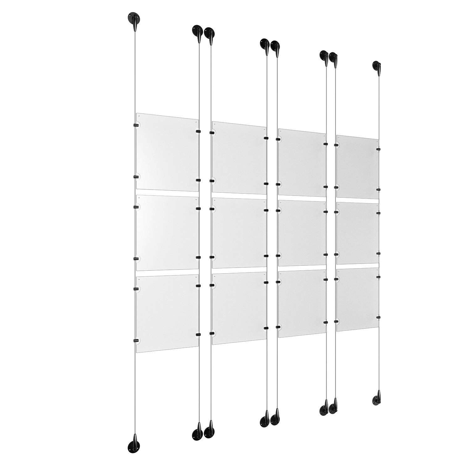 (12) 8-1/2'' Width x 11'' Height Clear Acrylic Frame & (8) Aluminum Matte Black Adjustable Angle Signature 1/8'' Diameter Cable Systems with (48) Single-Sided Panel Grippers