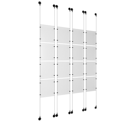 (16) 8-1/2'' Width x 11'' Height Clear Acrylic Frame & (8) Aluminum Matte Black Adjustable Angle Signature 1/8'' Diameter Cable Systems with (64) Single-Sided Panel Grippers