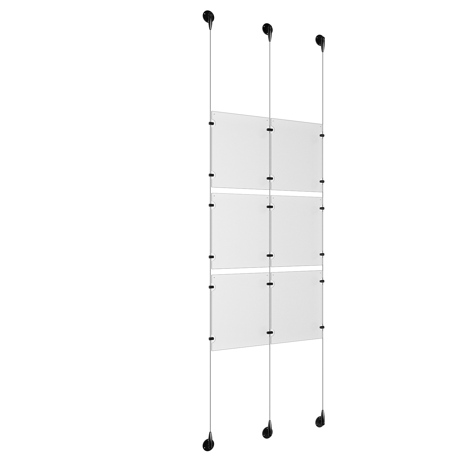 (6) 8-1/2'' Width x 11'' Height Clear Acrylic Frame & (3) Aluminum Matte Black Adjustable Angle Signature 1/8'' Diameter Cable Systems with (12) Single-Sided Panel Grippers (6) Double-Sided Panel Grippers