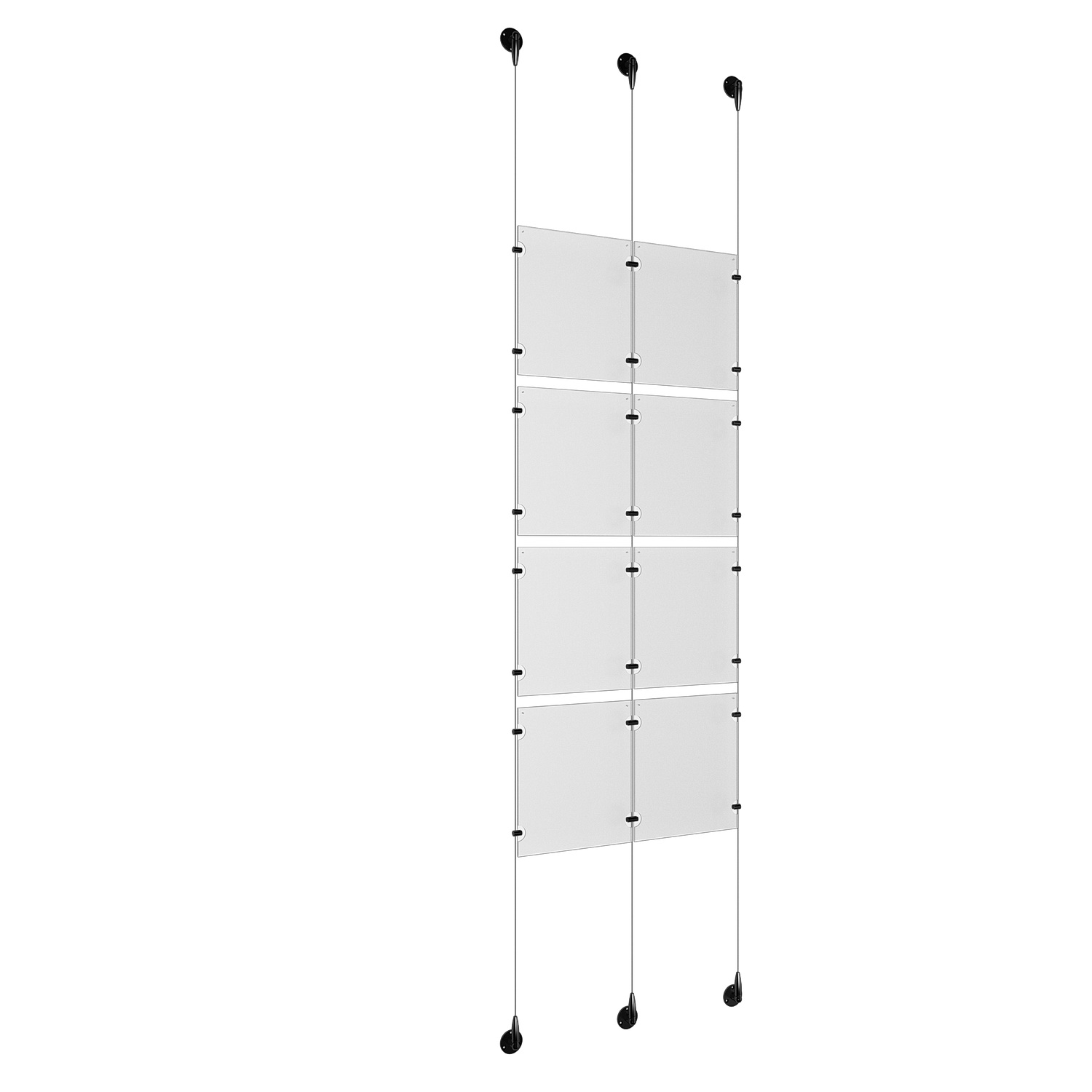 (8) 8-1/2'' Width x 11'' Height Clear Acrylic Frame & (3) Aluminum Matte Black Adjustable Angle Signature 1/8'' Diameter Cable Systems with (16) Single-Sided Panel Grippers (8) Double-Sided Panel Grippers