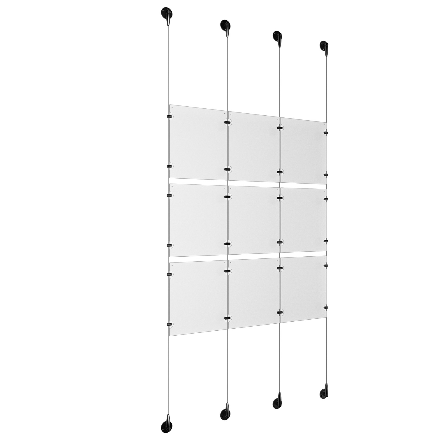 (9) 8-1/2'' Width x 11'' Height Clear Acrylic Frame & (4) Aluminum Matte Black Adjustable Angle Signature 1/8'' Diameter Cable Systems with (12) Single-Sided Panel Grippers (12) Double-Sided Panel Grippers