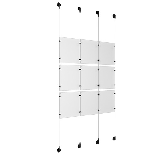(9) 8-1/2'' Width x 11'' Height Clear Acrylic Frame & (4) Aluminum Matte Black Adjustable Angle Signature 1/8'' Diameter Cable Systems with (12) Single-Sided Panel Grippers (12) Double-Sided Panel Grippers