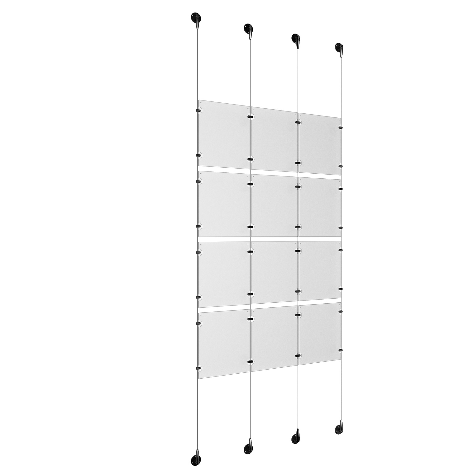 (12) 8-1/2'' Width x 11'' Height Clear Acrylic Frame & (4) Aluminum Matte Black Adjustable Angle Signature 1/8'' Diameter Cable Systems with (16) Single-Sided Panel Grippers (16) Double-Sided Panel Grippers