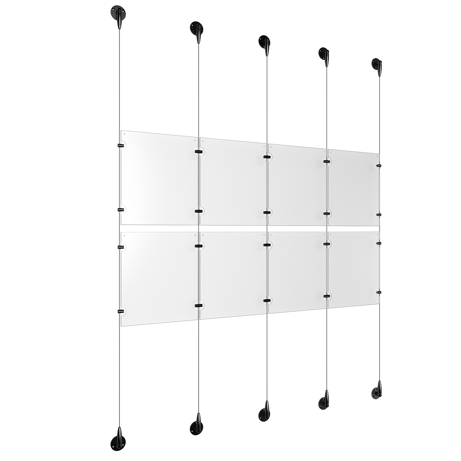 (8) 8-1/2'' Width x 11'' Height Clear Acrylic Frame & (5) Aluminum Matte Black Adjustable Angle Signature 1/8'' Diameter Cable Systems with (8) Single-Sided Panel Grippers (12) Double-Sided Panel Grippers