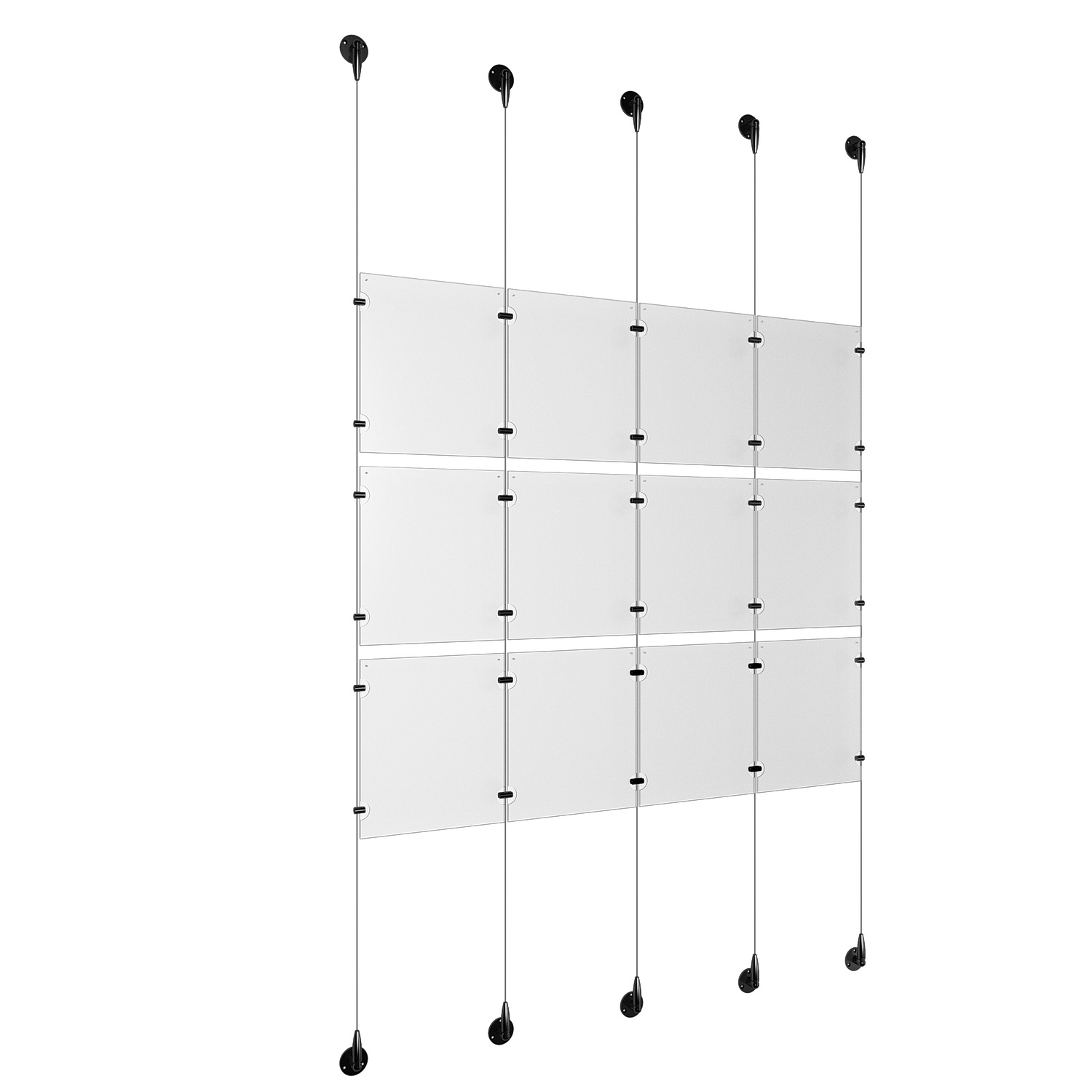 (12) 8-1/2'' Width x 11'' Height Clear Acrylic Frame & (5) Aluminum Matte Black Adjustable Angle Signature 1/8'' Diameter Cable Systems with (12) Single-Sided Panel Grippers (18) Double-Sided Panel Grippers