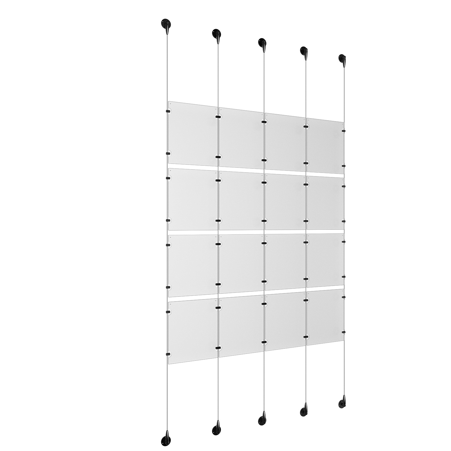 (16) 8-1/2'' Width x 11'' Height Clear Acrylic Frame & (5) Aluminum Matte Black Adjustable Angle Signature 1/8'' Diameter Cable Systems with (16) Single-Sided Panel Grippers (24) Double-Sided Panel Grippers