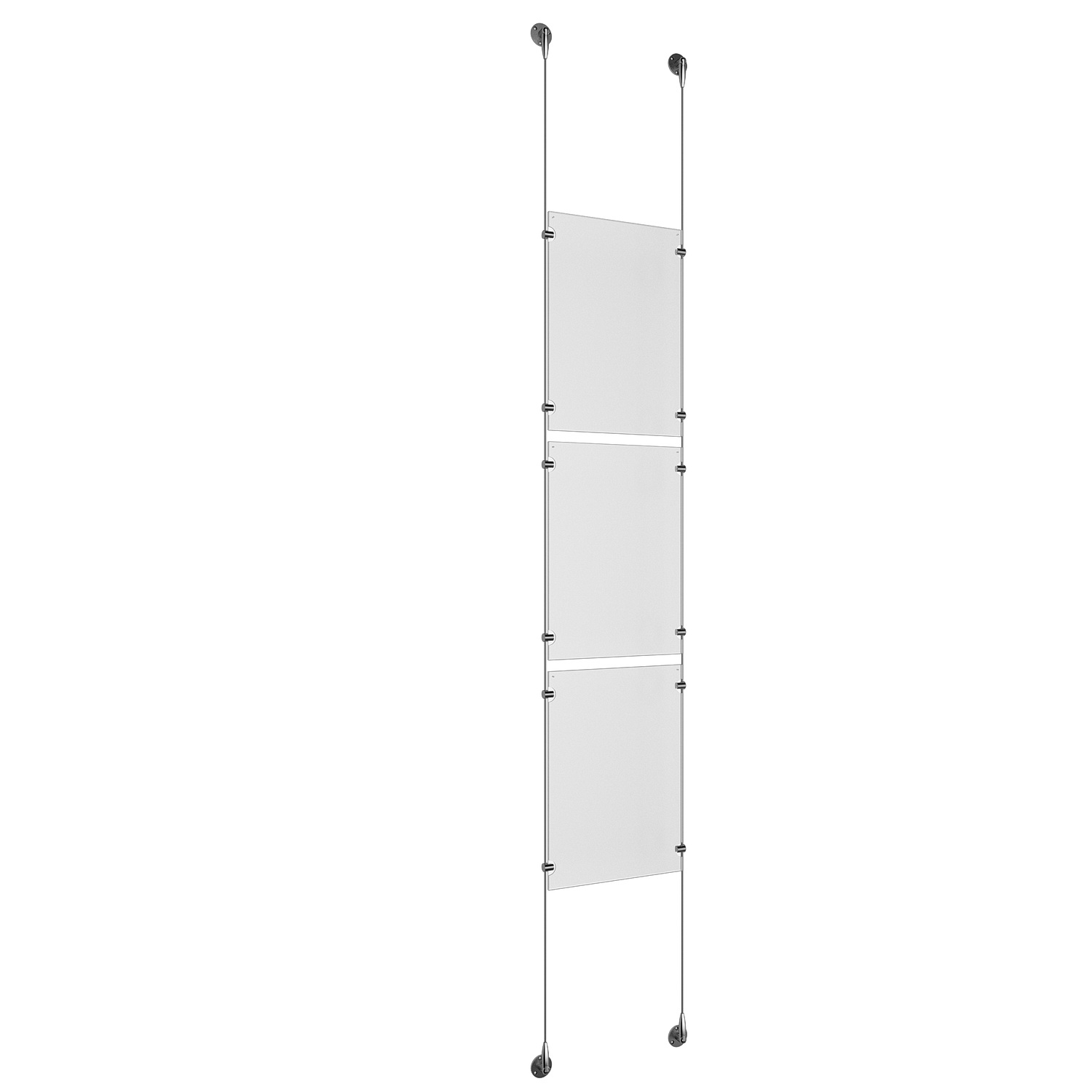 (3) 11'' Width x 17'' Height Clear Acrylic Frame & (2) Stainless Steel Satin Brushed Adjustable Angle Signature 1/8'' Cable Systems with (12) Single-Sided Panel Grippers