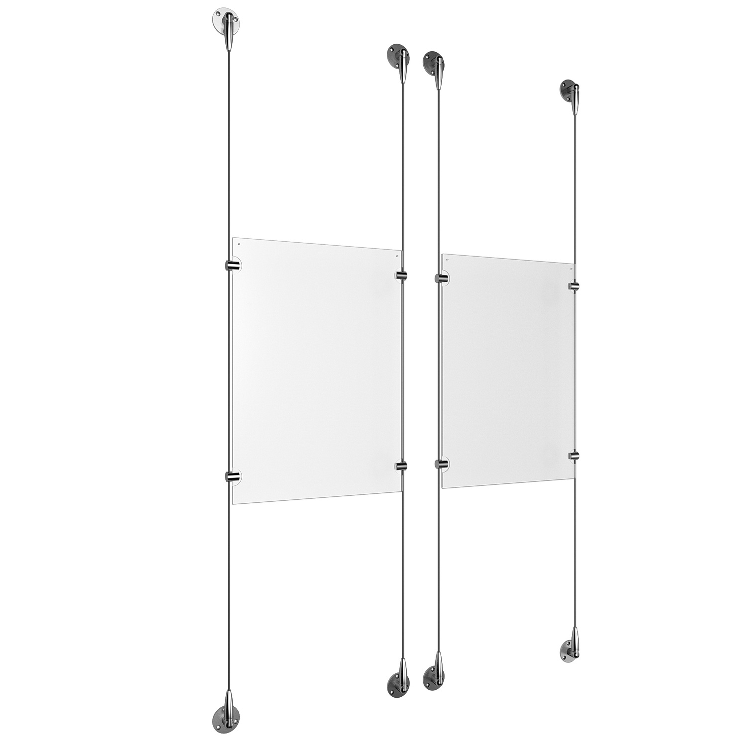 (2) 11'' Width x 17'' Height Clear Acrylic Frame & (4) Stainless Steel Satin Brushed Adjustable Angle Signature 1/8'' Cable Systems with (8) Single-Sided Panel Grippers