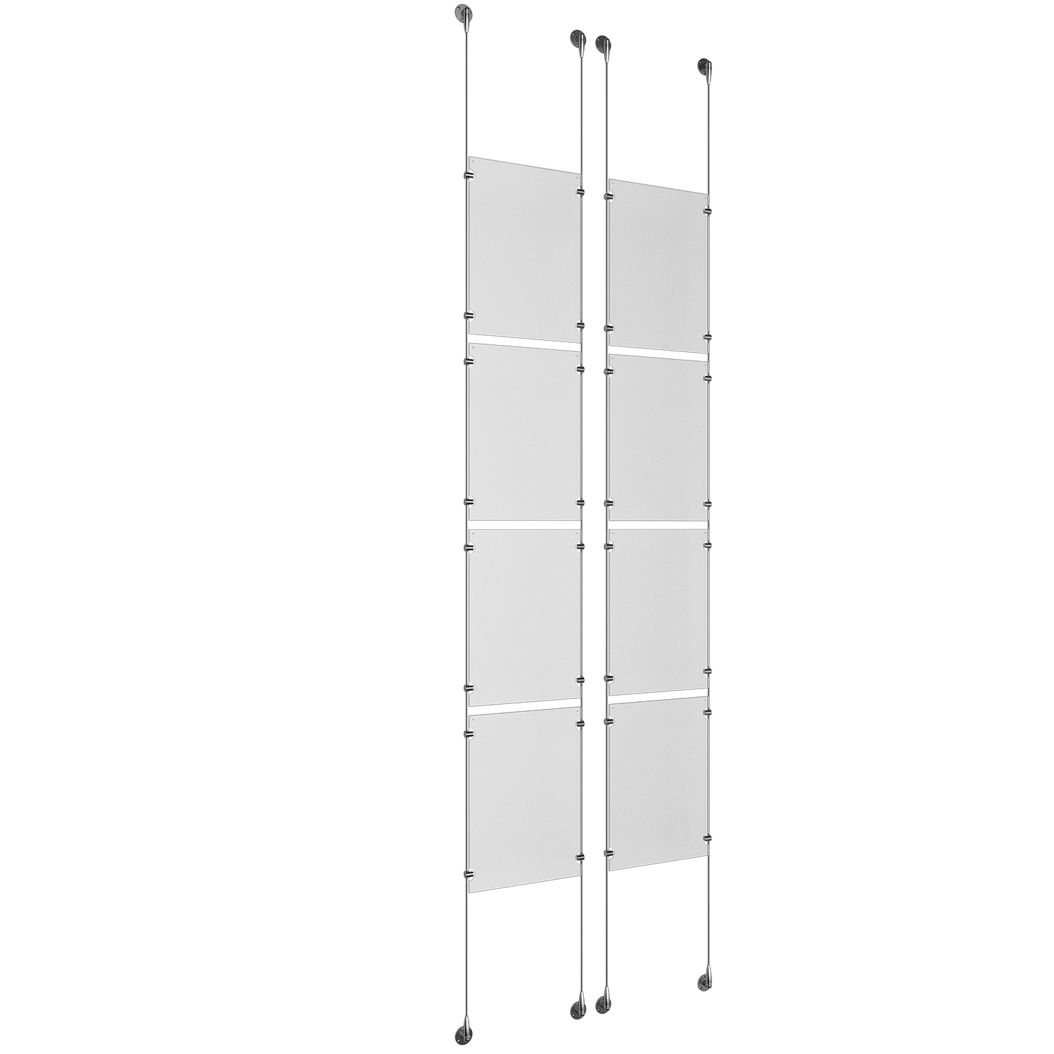 (8) 11'' Width x 17'' Height Clear Acrylic Frame & (4) Stainless Steel Satin Brushed Adjustable Angle Signature 1/8'' Cable Systems with (32) Single-Sided Panel Grippers