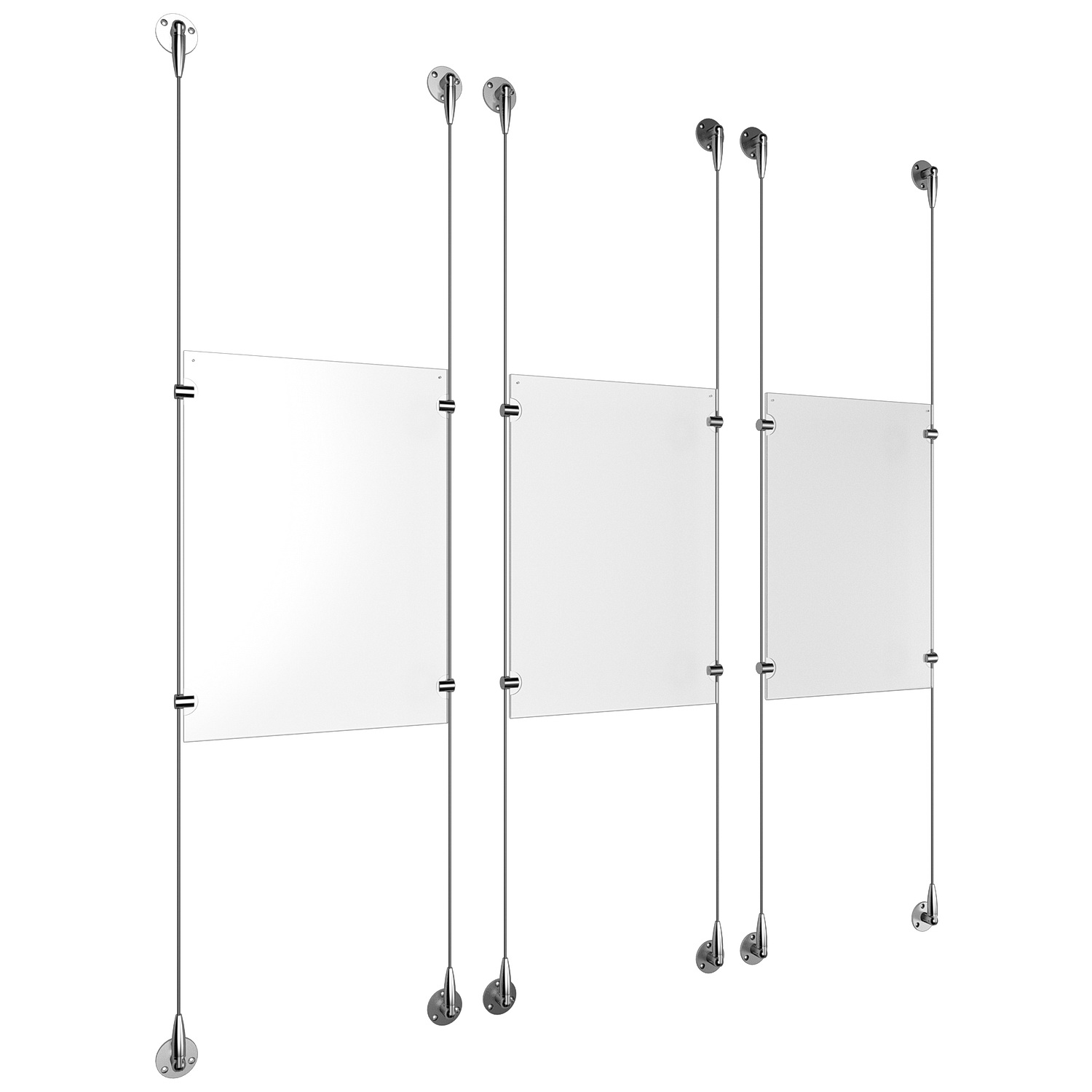 (3) 11'' Width x 17'' Height Clear Acrylic Frame & (6) Stainless Steel Satin Brushed Adjustable Angle Signature 1/8'' Cable Systems with (12) Single-Sided Panel Grippers