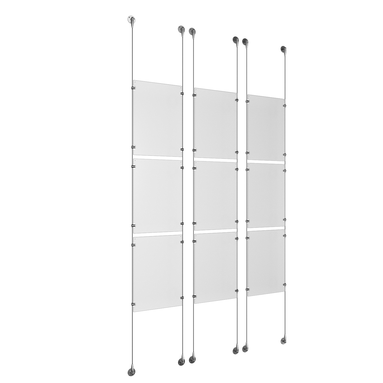 (9) 11'' Width x 17'' Height Clear Acrylic Frame & (6) Stainless Steel Satin Brushed Adjustable Angle Signature 1/8'' Cable Systems with (36) Single-Sided Panel Grippers