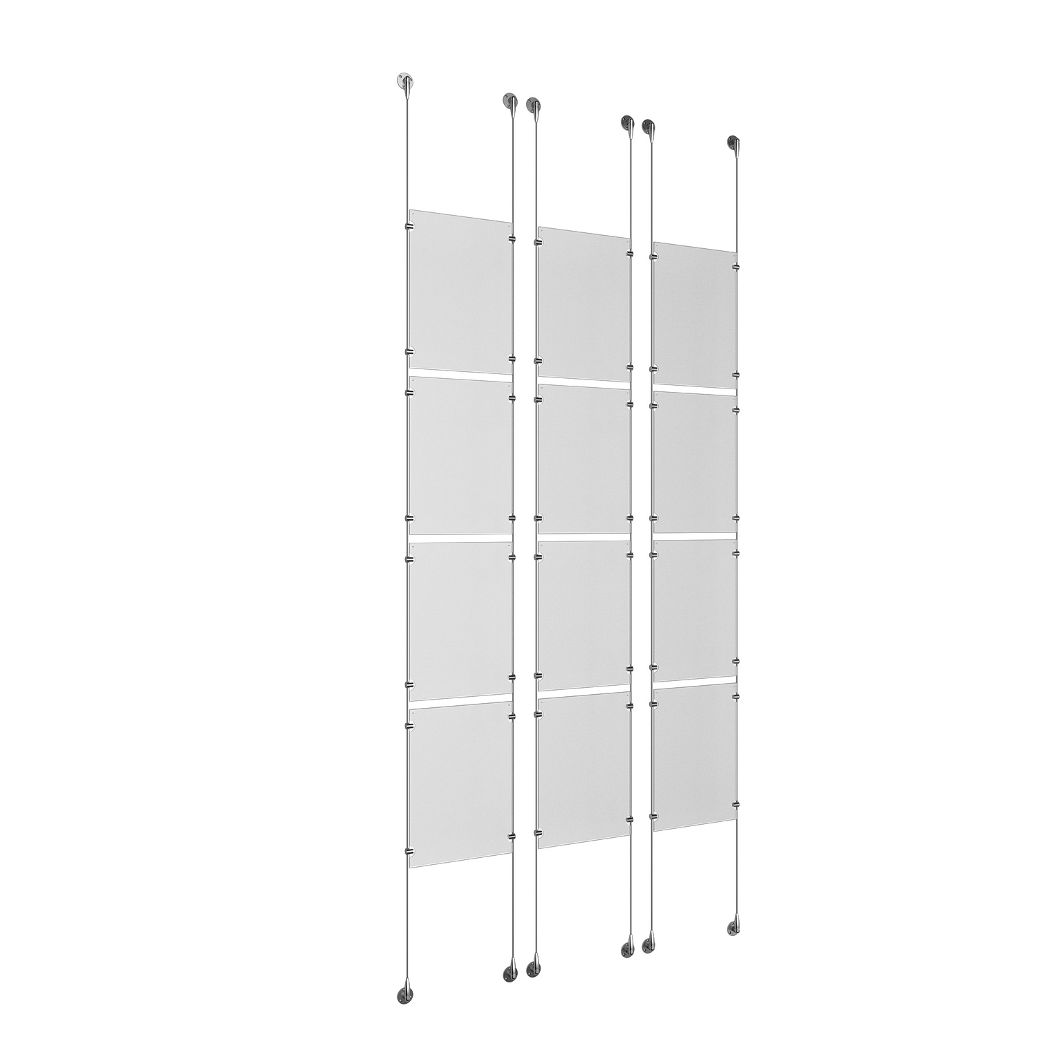 (12) 11'' Width x 17'' Height Clear Acrylic Frame & (6) Stainless Steel Satin Brushed Adjustable Angle Signature 1/8'' Cable Systems with (48) Single-Sided Panel Grippers