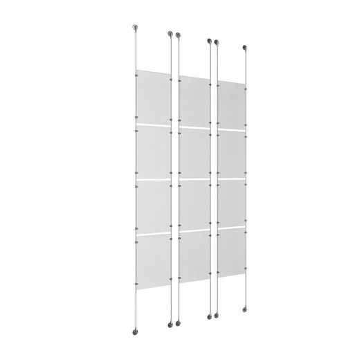 (12) 11'' Width x 17'' Height Clear Acrylic Frame & (6) Stainless Steel Satin Brushed Adjustable Angle Signature 1/8'' Cable Systems with (48) Single-Sided Panel Grippers