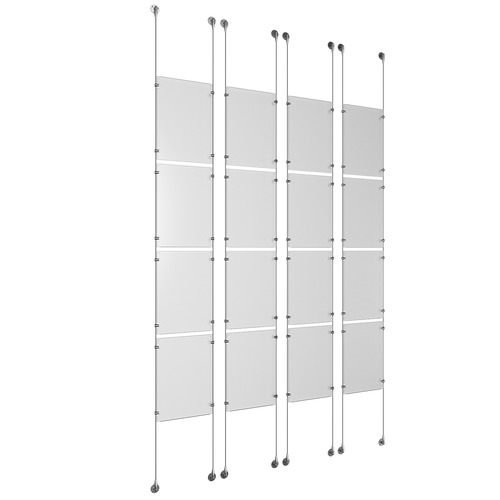 (16) 11'' Width x 17'' Height Clear Acrylic Frame & (8) Stainless Steel Satin Brushed Adjustable Angle Signature 1/8'' Cable Systems with (64) Single-Sided Panel Grippers