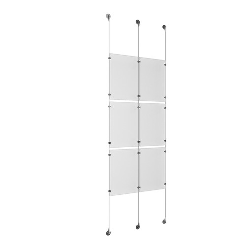 (6) 11'' Width x 17'' Height Clear Acrylic Frame & (3) Stainless Steel Satin Brushed Adjustable Angle Signature 1/8'' Cable Systems with (12) Single-Sided Panel Grippers (6) Double-Sided Panel Grippers