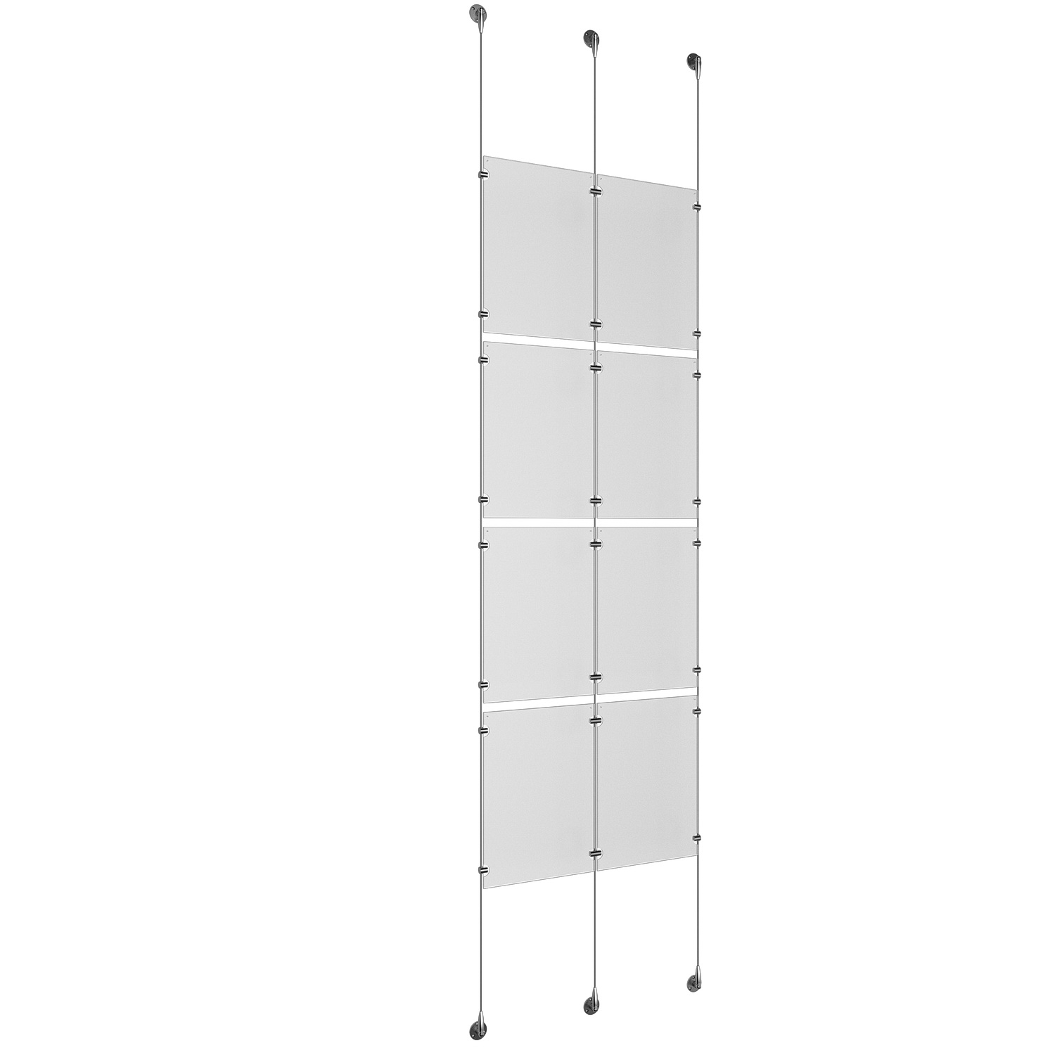 (8) 11'' Width x 17'' Height Clear Acrylic Frame & (3) Stainless Steel Satin Brushed Adjustable Angle Signature 1/8'' Cable Systems with (16) Single-Sided Panel Grippers (8) Double-Sided Panel Grippers