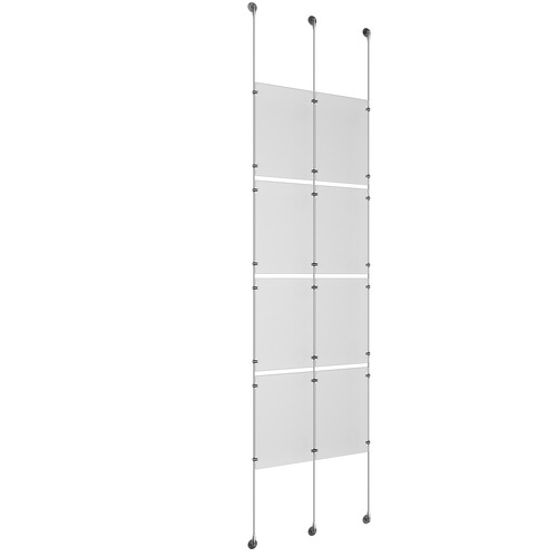 (8) 11'' Width x 17'' Height Clear Acrylic Frame & (3) Stainless Steel Satin Brushed Adjustable Angle Signature 1/8'' Cable Systems with (16) Single-Sided Panel Grippers (8) Double-Sided Panel Grippers