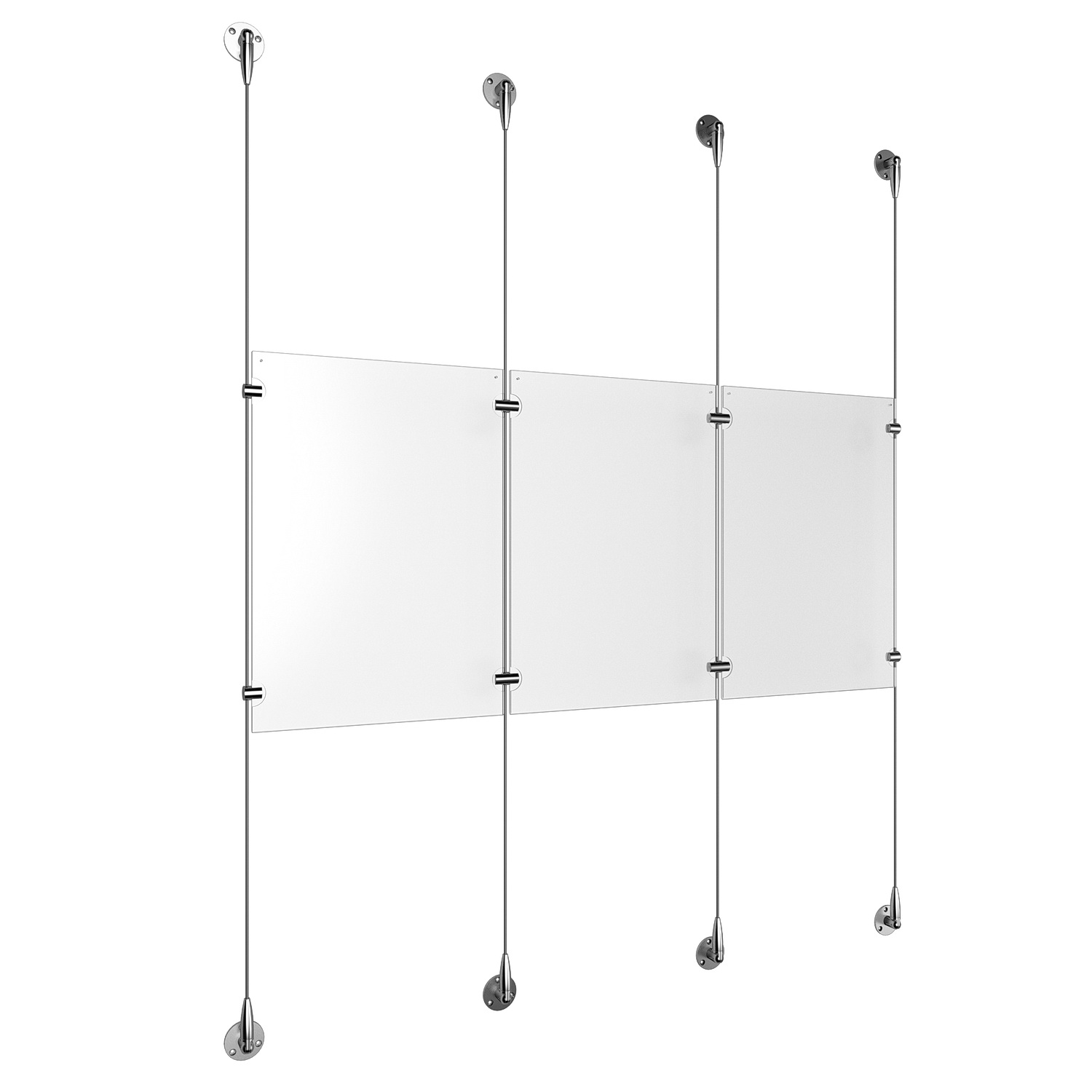 (3) 11'' Width x 17'' Height Clear Acrylic Frame & (4) Stainless Steel Satin Brushed Adjustable Angle Signature 1/8'' Cable Systems with (4) Single-Sided Panel Grippers (4) Double-Sided Panel Grippers