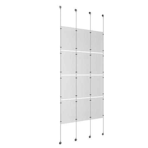 (12) 11'' Width x 17'' Height Clear Acrylic Frame & (4) Stainless Steel Satin Brushed Adjustable Angle Signature 1/8'' Cable Systems with (16) Single-Sided Panel Grippers (16) Double-Sided Panel Grippers