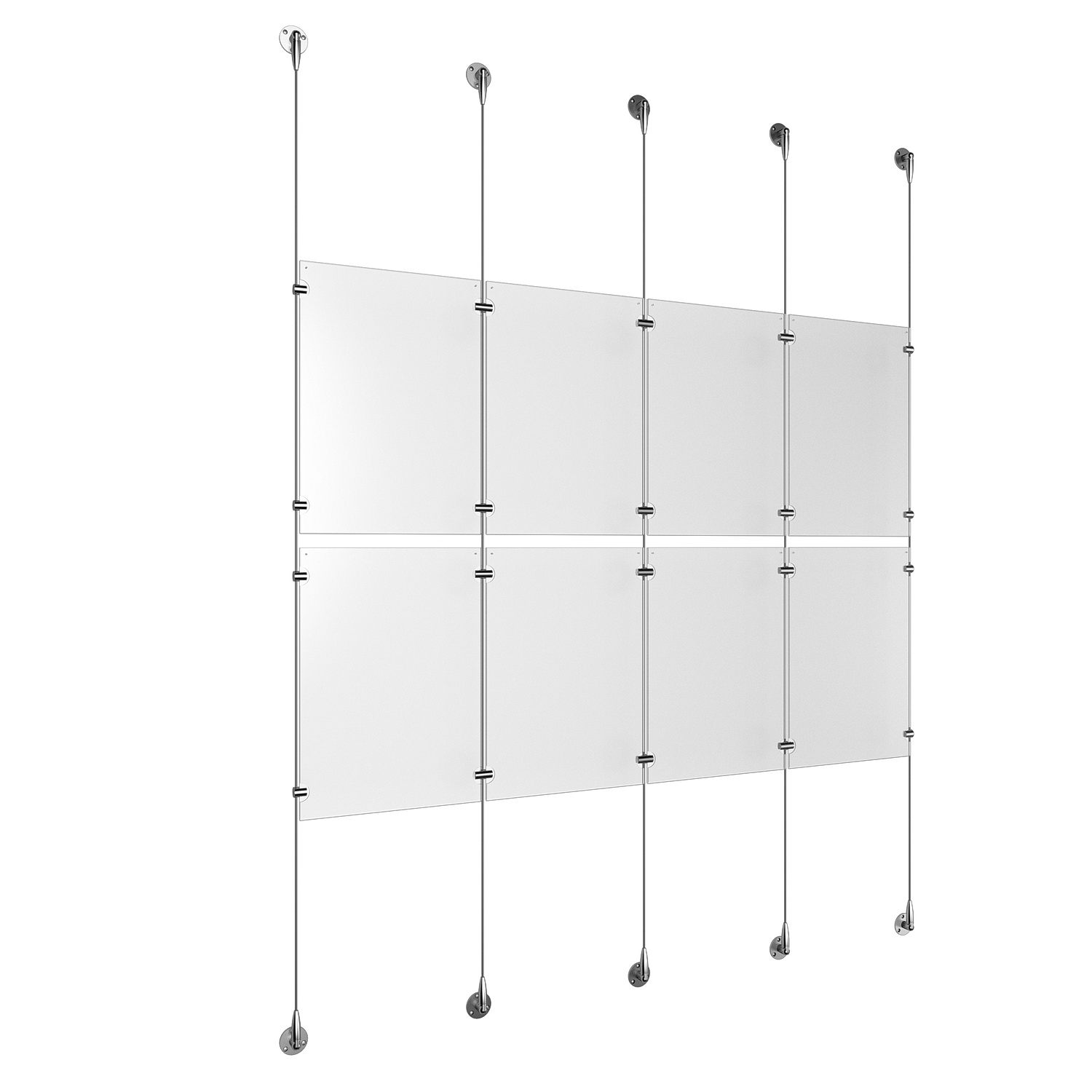 (8) 11'' Width x 17'' Height Clear Acrylic Frame & (5) Stainless Steel Satin Brushed Adjustable Angle Signature 1/8'' Cable Systems with (8) Single-Sided Panel Grippers (12) Double-Sided Panel Grippers