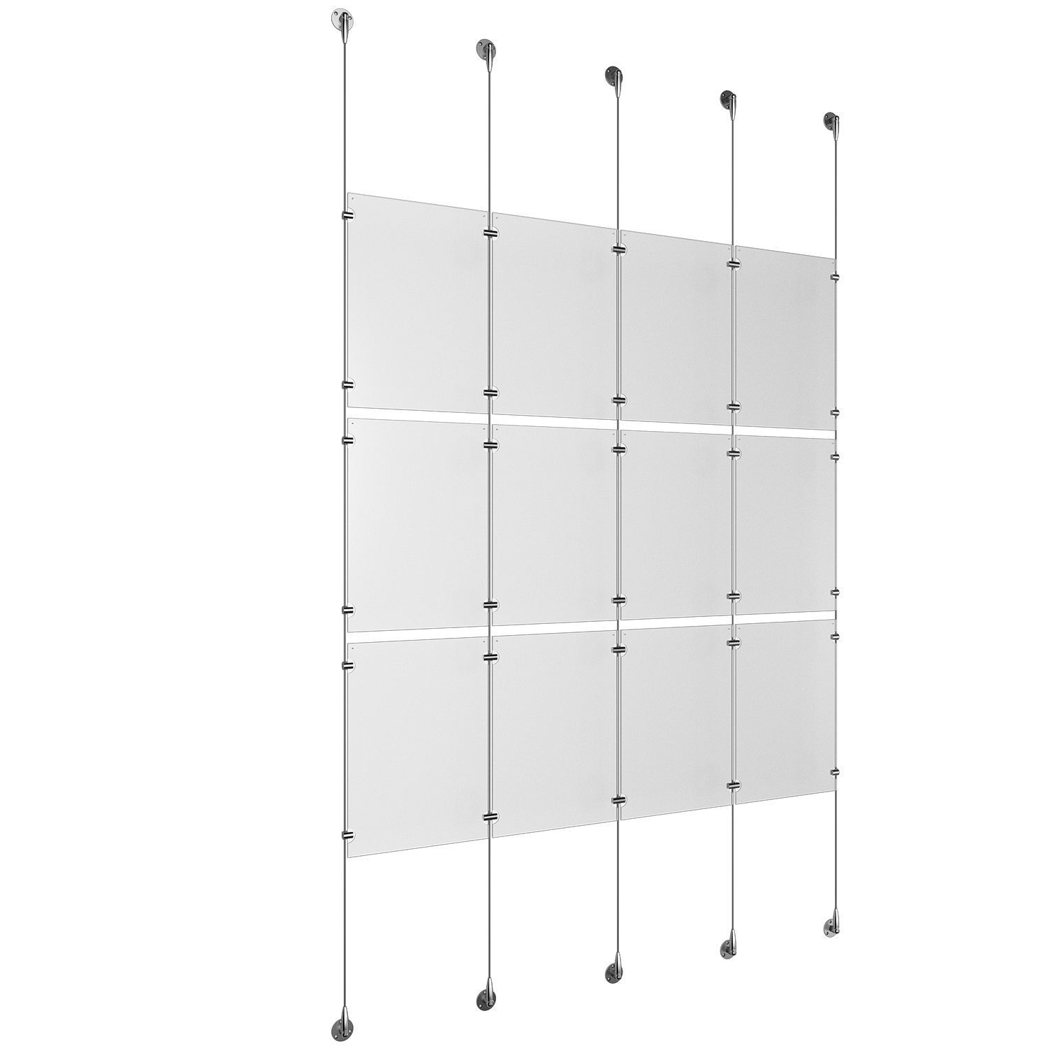 (12) 11'' Width x 17'' Height Clear Acrylic Frame & (5) Stainless Steel Satin Brushed Adjustable Angle Signature 1/8'' Cable Systems with (12) Single-Sided Panel Grippers (18) Double-Sided Panel Grippers
