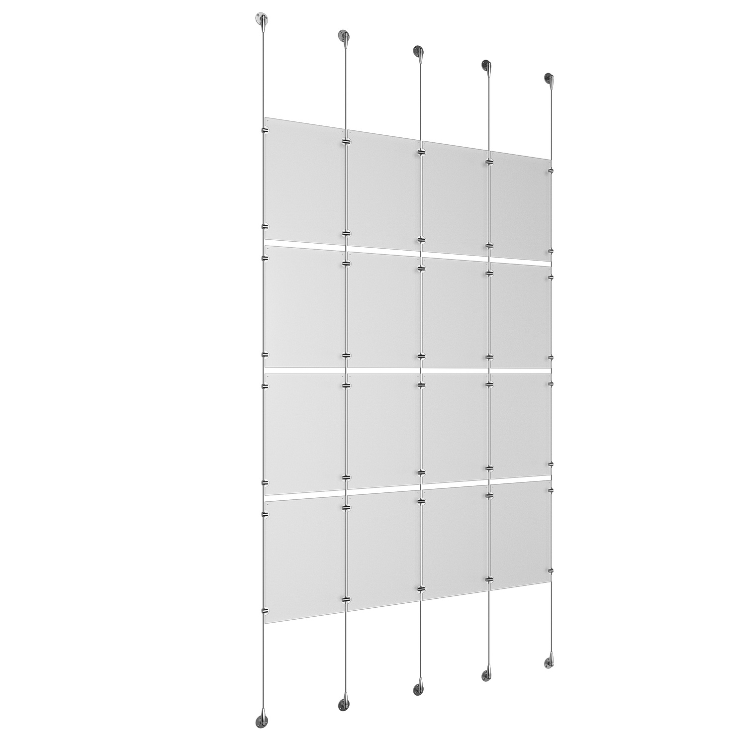 (16) 11'' Width x 17'' Height Clear Acrylic Frame & (5) Stainless Steel Satin Brushed Adjustable Angle Signature 1/8'' Cable Systems with (16) Single-Sided Panel Grippers (24) Double-Sided Panel Grippers