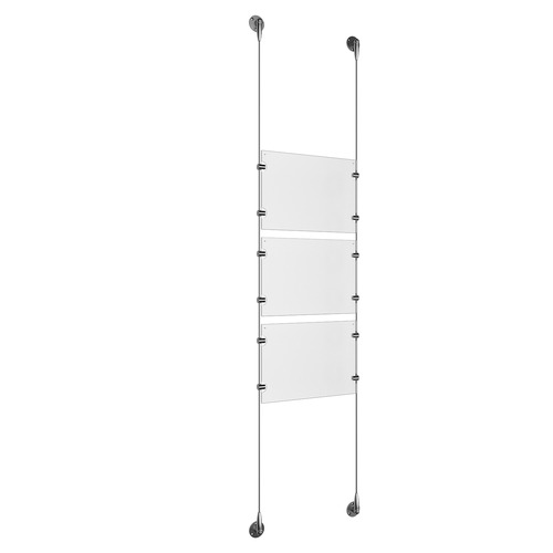 (3) 11'' Width x 8-1/2'' Height Clear Acrylic Frame & (2) Stainless Steel Satin Brushed Adjustable Angle Signature 1/8'' Cable Systems with (12) Single-Sided Panel Grippers