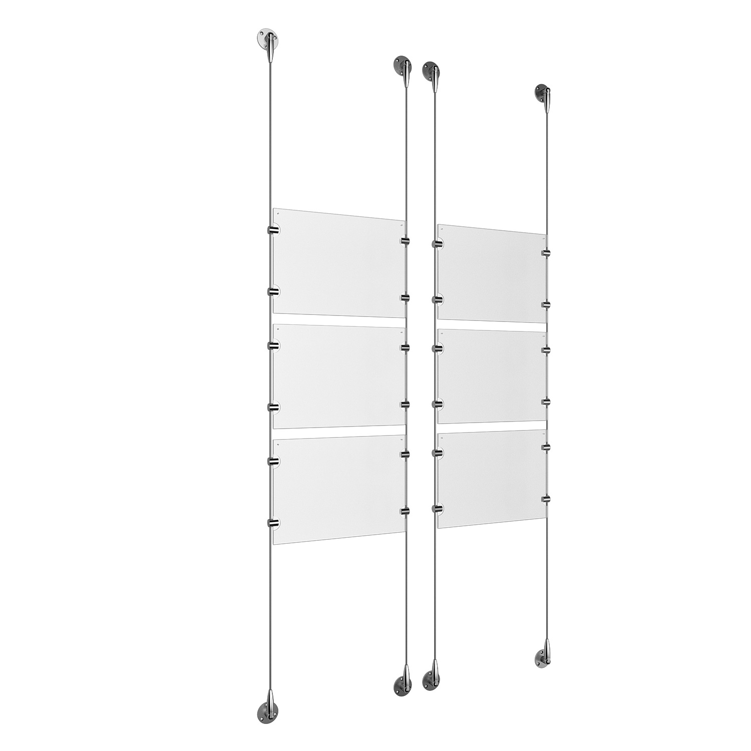 (6) 11'' Width x 8-1/2'' Height Clear Acrylic Frame & (4) Stainless Steel Satin Brushed Adjustable Angle Signature 1/8'' Cable Systems with (24) Single-Sided Panel Grippers