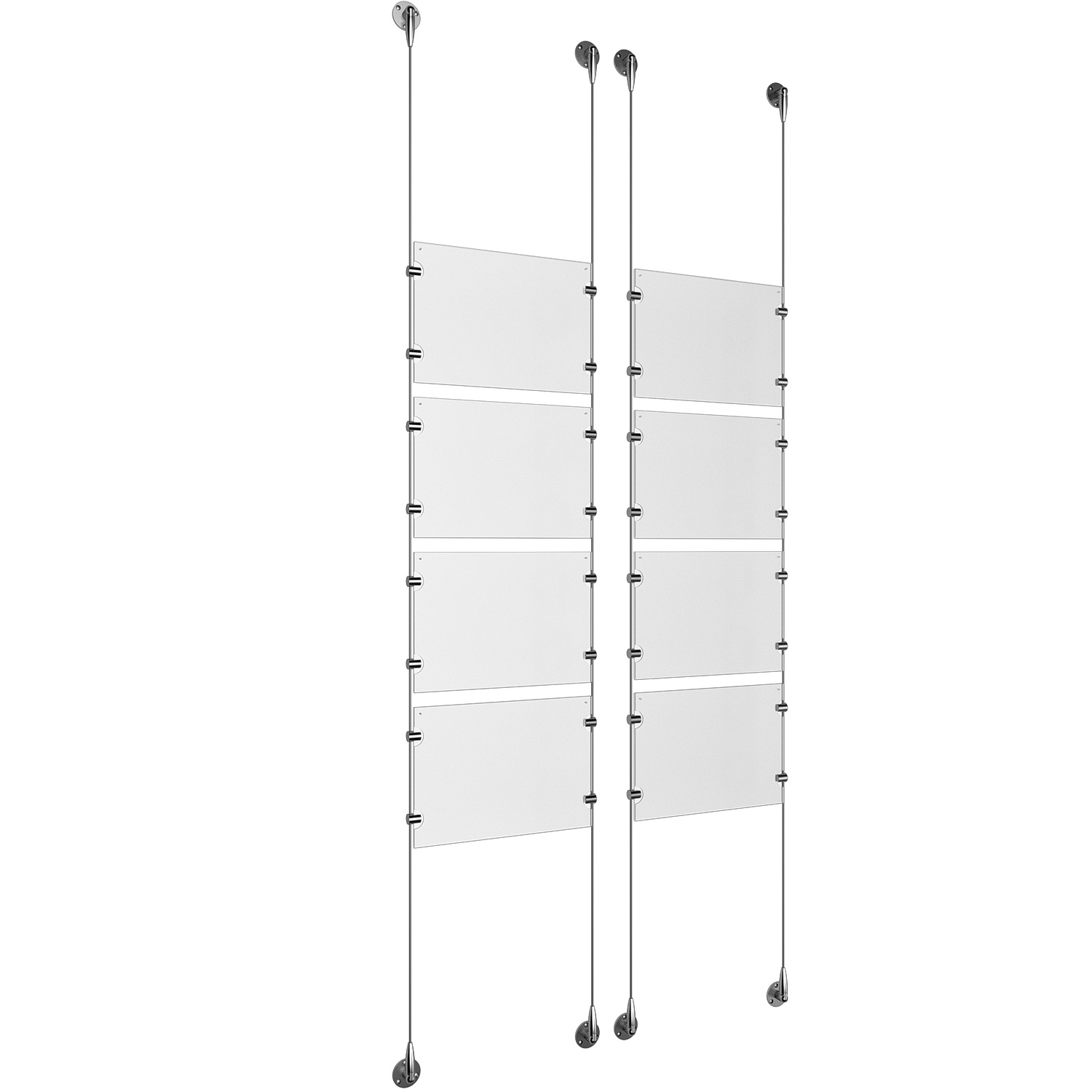 (8) 11'' Width x 8-1/2'' Height Clear Acrylic Frame & (4) Stainless Steel Satin Brushed Adjustable Angle Signature 1/8'' Cable Systems with (32) Single-Sided Panel Grippers