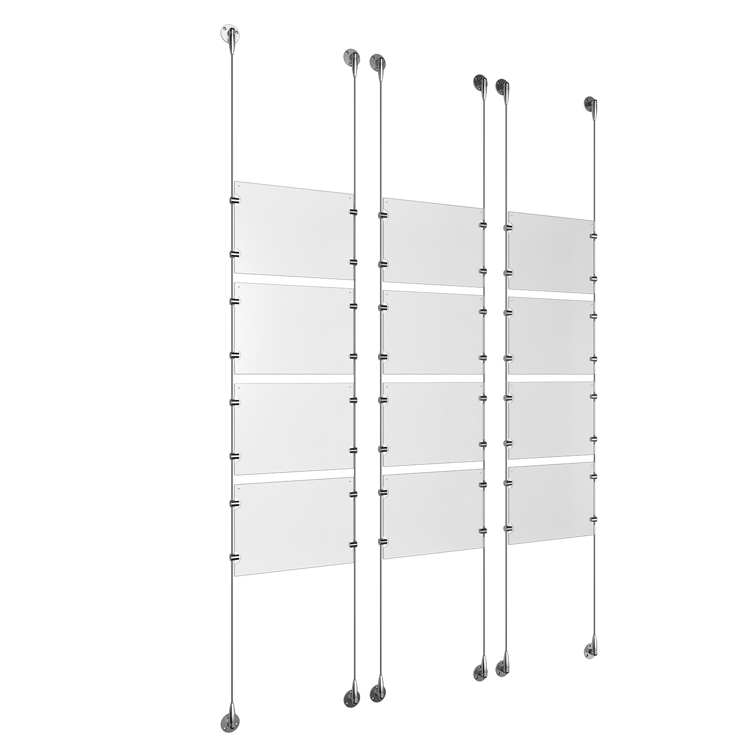 (12) 11'' Width x 8-1/2'' Height Clear Acrylic Frame & (6) Stainless Steel Satin Brushed Adjustable Angle Signature 1/8'' Cable Systems with (48) Single-Sided Panel Grippers