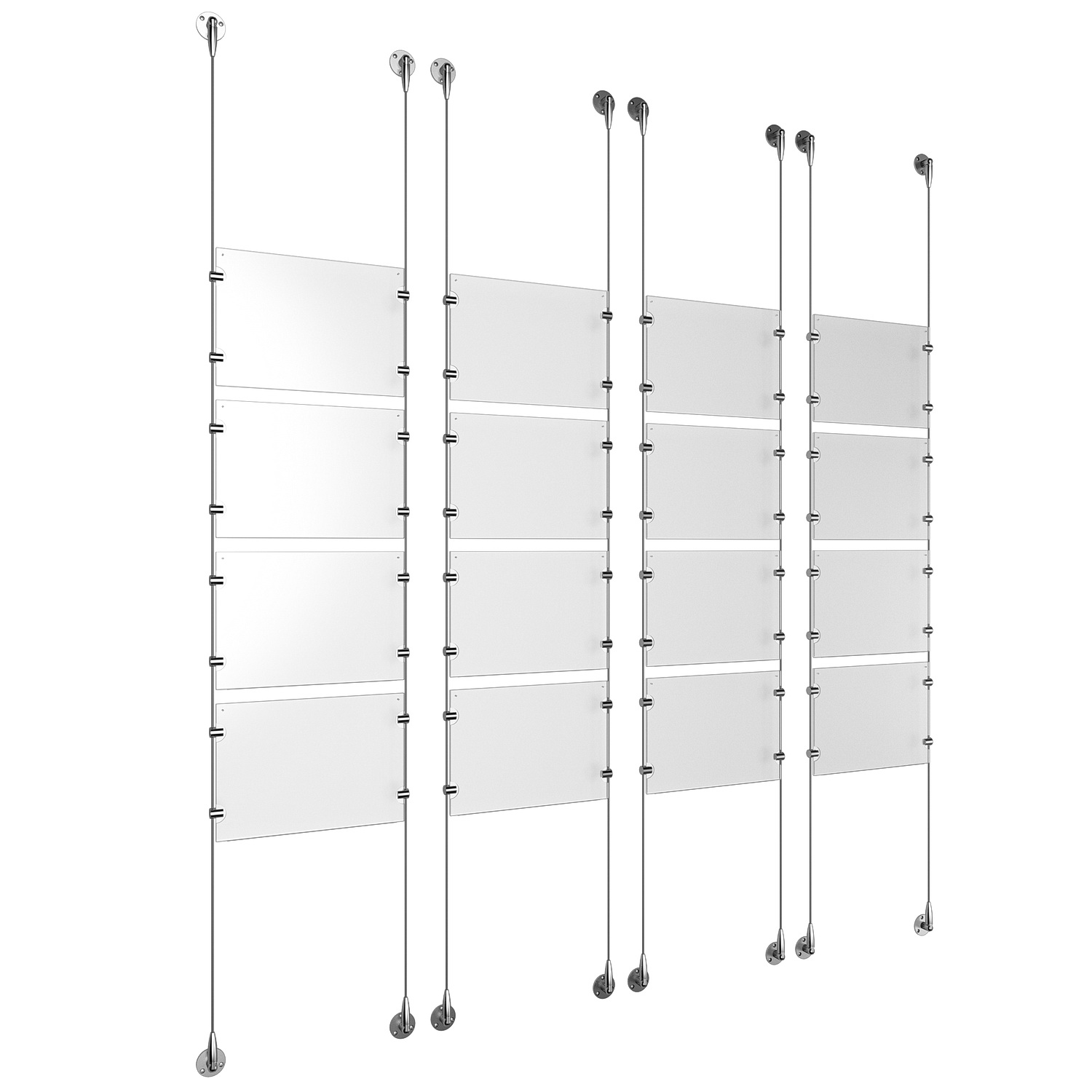 (16) 11'' Width x 8-1/2'' Height Clear Acrylic Frame & (8) Stainless Steel Satin Brushed Adjustable Angle Signature 1/8'' Cable Systems with (64) Single-Sided Panel Grippers