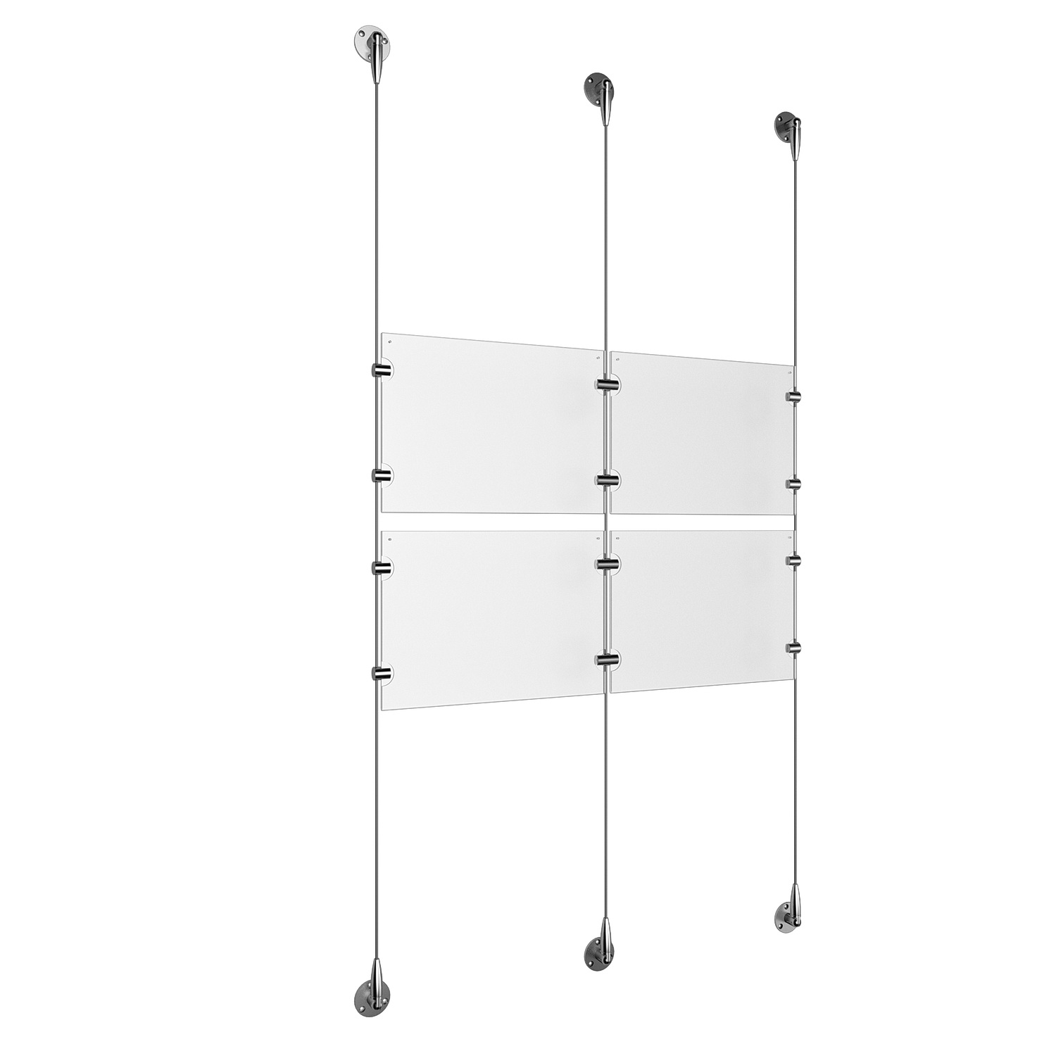 (4) 11'' Width x 8-1/2'' Height Clear Acrylic Frame & (3) Stainless Steel Satin Brushed Adjustable Angle Signature 1/8'' Cable Systems with (8) Single-Sided Panel Grippers (8) Double-Sided Panel Grippers