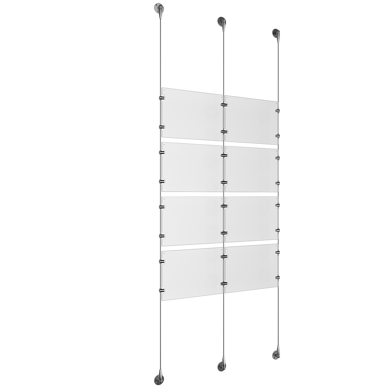 (8) 11'' Width x 8-1/2'' Height Clear Acrylic Frame & (3) Stainless Steel Satin Brushed Adjustable Angle Signature 1/8'' Cable Systems with (16) Single-Sided Panel Grippers (8) Double-Sided Panel Grippers