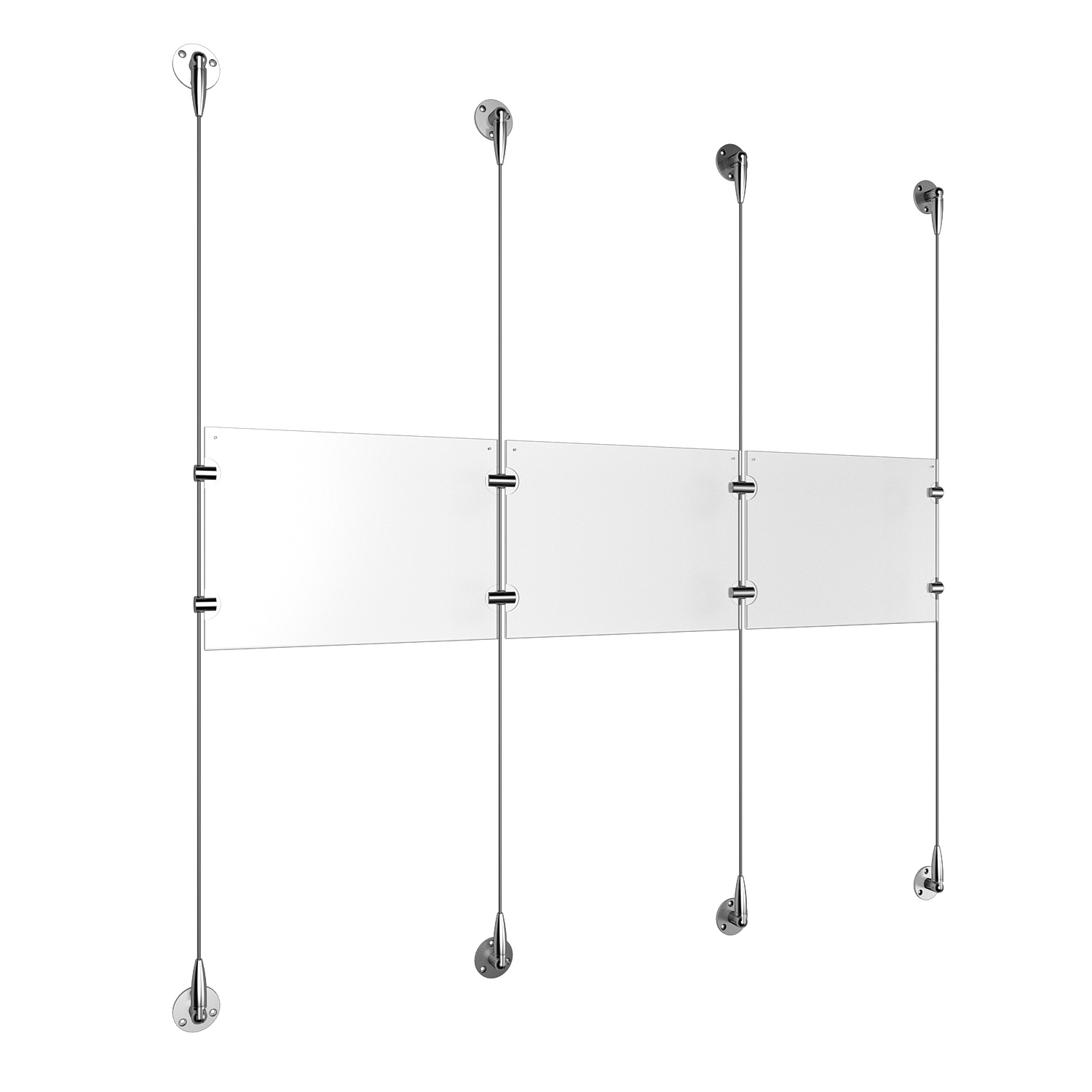 (3) 11'' Width x 8-1/2'' Height Clear Acrylic Frame & (4) Stainless Steel Satin Brushed Adjustable Angle Signature 1/8'' Cable Systems with (4) Single-Sided Panel Grippers (4) Double-Sided Panel Grippers