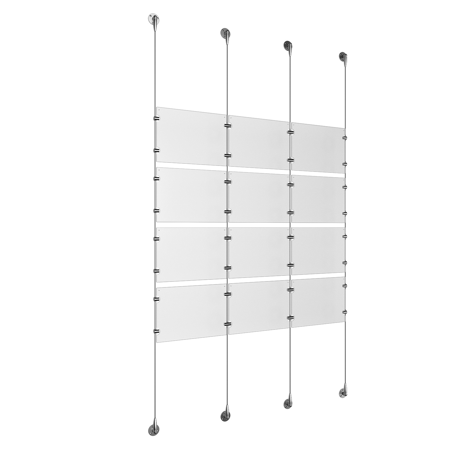 (12) 11'' Width x 8-1/2'' Height Clear Acrylic Frame & (4) Stainless Steel Satin Brushed Adjustable Angle Signature 1/8'' Cable Systems with (16) Single-Sided Panel Grippers (16) Double-Sided Panel Grippers