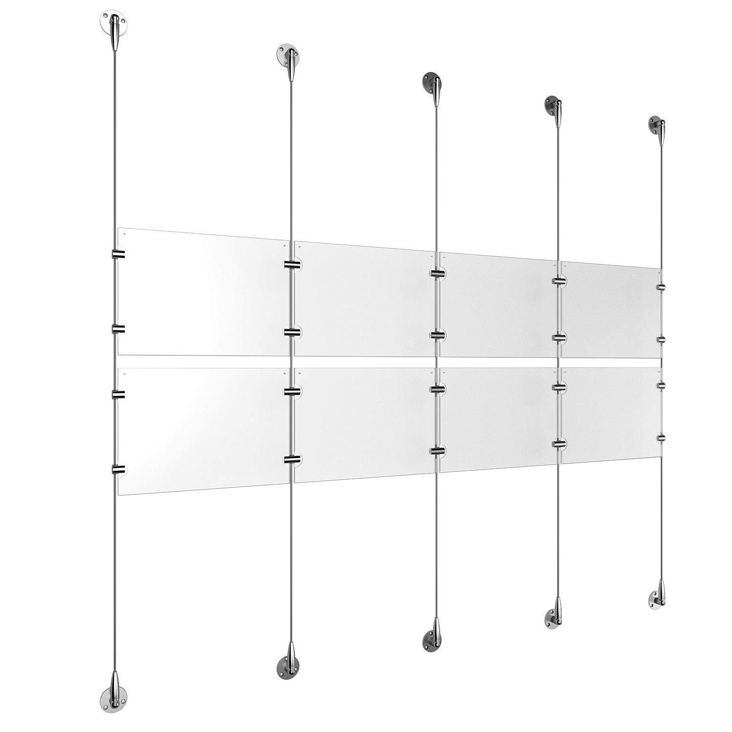 (8) 11'' Width x 8-1/2'' Height Clear Acrylic Frame & (5) Stainless Steel Satin Brushed Adjustable Angle Signature 1/8'' Cable Systems with (8) Single-Sided Panel Grippers (18) Double-Sided Panel Grippers