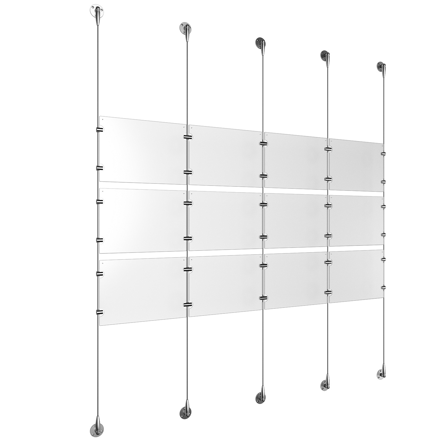 (12) 11'' Width x 8-1/2'' Height Clear Acrylic Frame & (5) Stainless Steel Satin Brushed Adjustable Angle Signature 1/8'' Cable Systems with (12) Single-Sided Panel Grippers (18) Double-Sided Panel Grippers