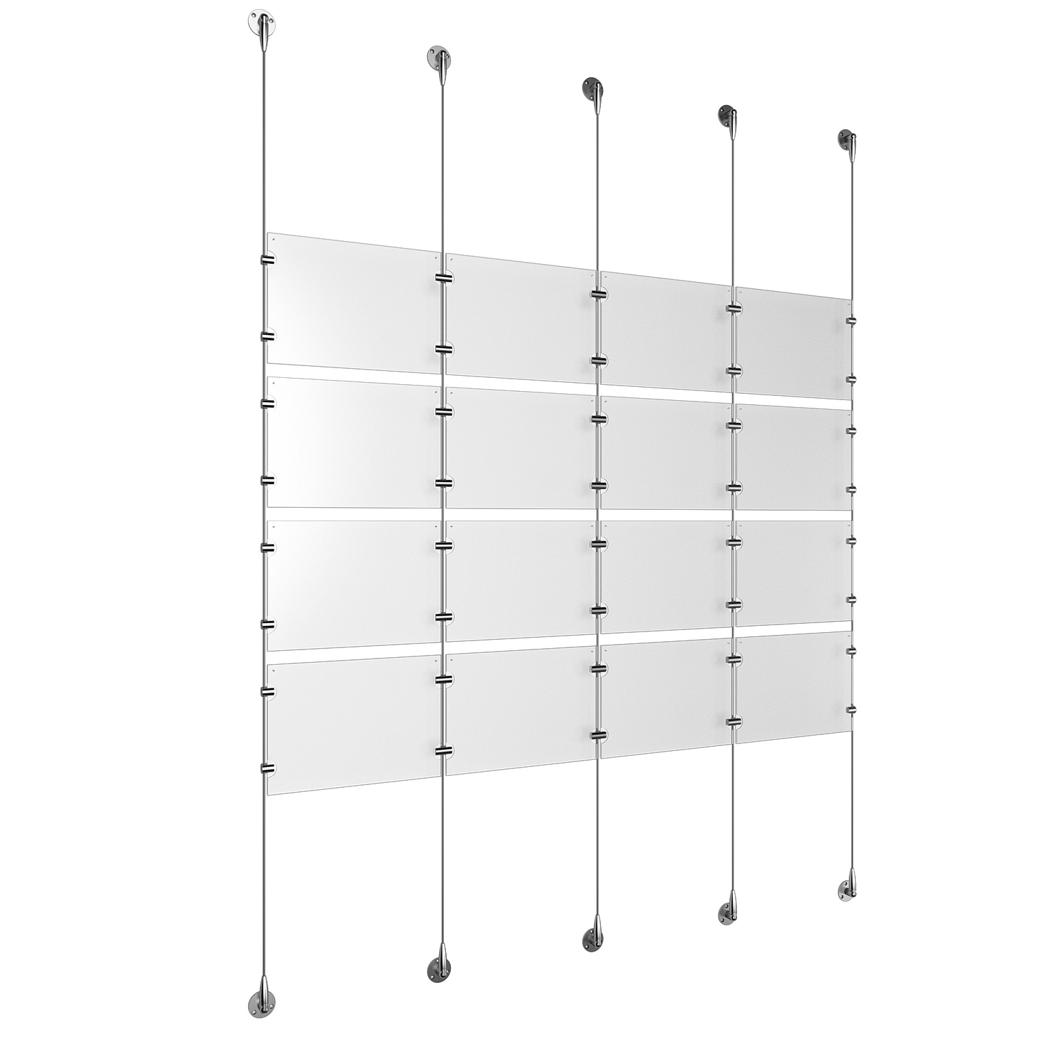 (16) 11'' Width x 8-1/2'' Height Clear Acrylic Frame & (5) Stainless Steel Satin Brushed Adjustable Angle Signature 1/8'' Cable Systems with (16) Single-Sided Panel Grippers (24) Double-Sided Panel Grippers
