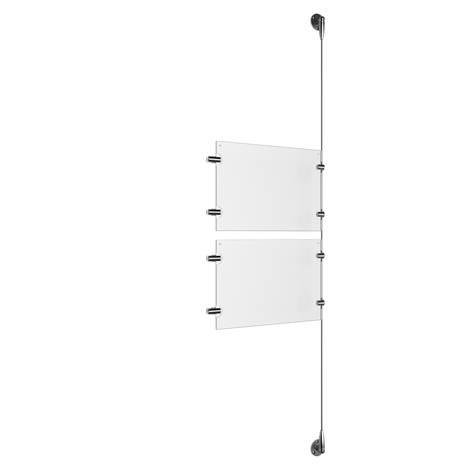 (2) 11'' Width x 8-1/2'' Height Clear Acrylic Frame & (1) Stainless Steel Satin Brushed Adjustable Angle Signature 1/8'' Cable Systems with (4) Single-Sided Panel Grippers (4) Double-Sided Panel Grippers