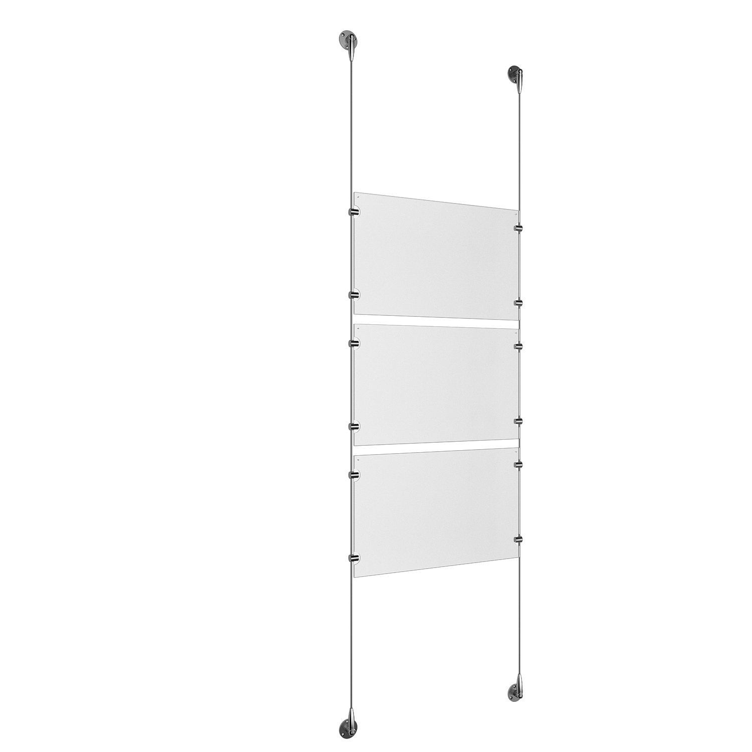 (3) 17'' Width x 11'' Height Clear Acrylic Frame & (2) Stainless Steel Satin Brushed Adjustable Angle Signature 1/8'' Cable Systems with (12) Single-Sided Panel Grippers