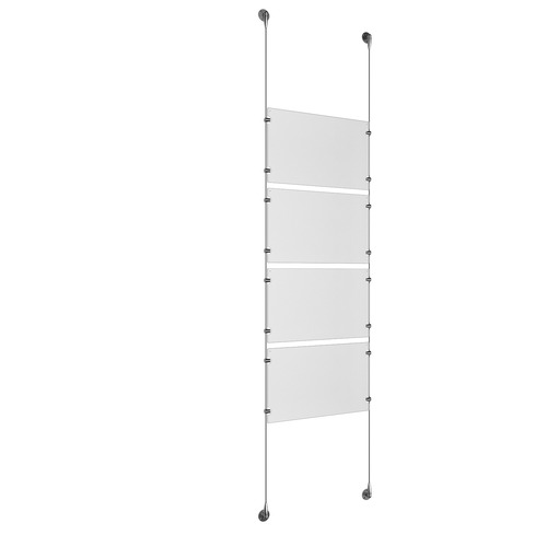 (4) 17'' Width x 11'' Height Clear Acrylic Frame & (2) Stainless Steel Satin Brushed Adjustable Angle Signature 1/8'' Cable Systems with (16) Single-Sided Panel Grippers